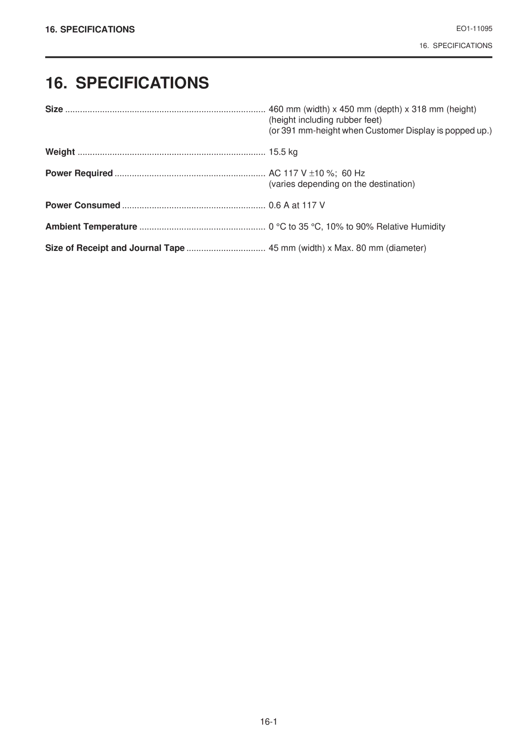 Toshiba EO1-11095, MA-1450-1 SERIES owner manual Specifications 