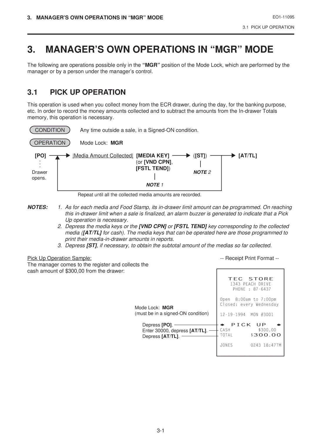 Toshiba MA-1450-1 SERIES, EO1-11095 owner manual MANAGER’S OWN Operations in MGR Mode, Pick UP Operation, Or VND CPN 