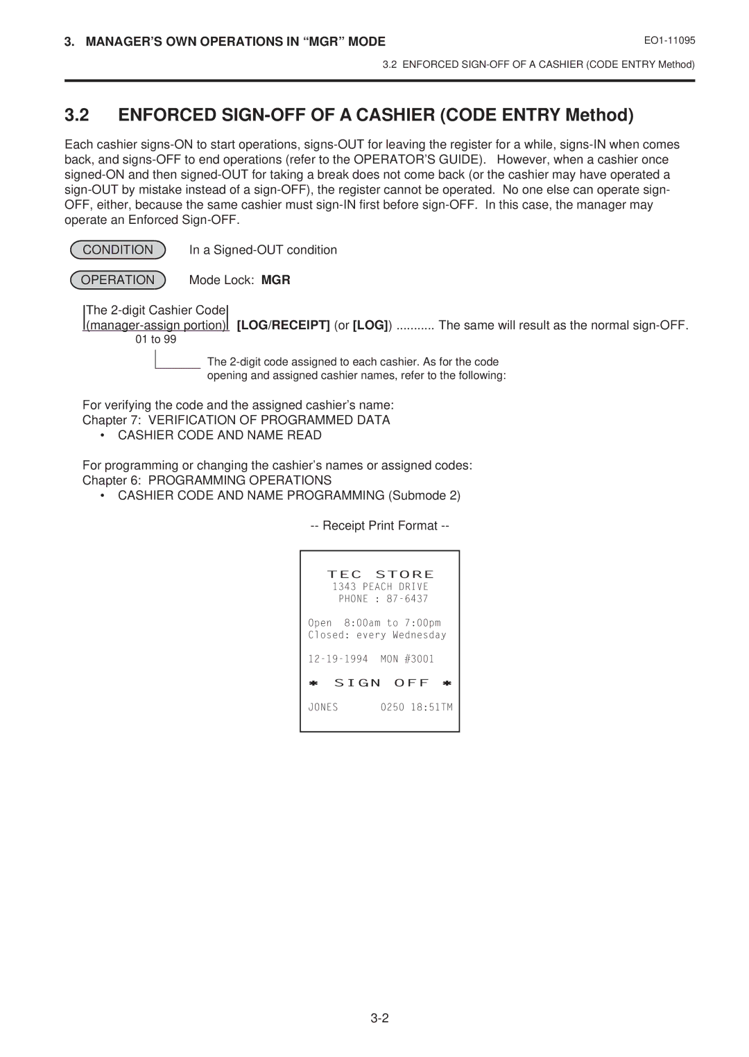 Toshiba EO1-11095 Enforced SIGN-OFF of a Cashier Code Entry Method, LOG/RECEIPT or LOG, Cashier Code and Name Read 