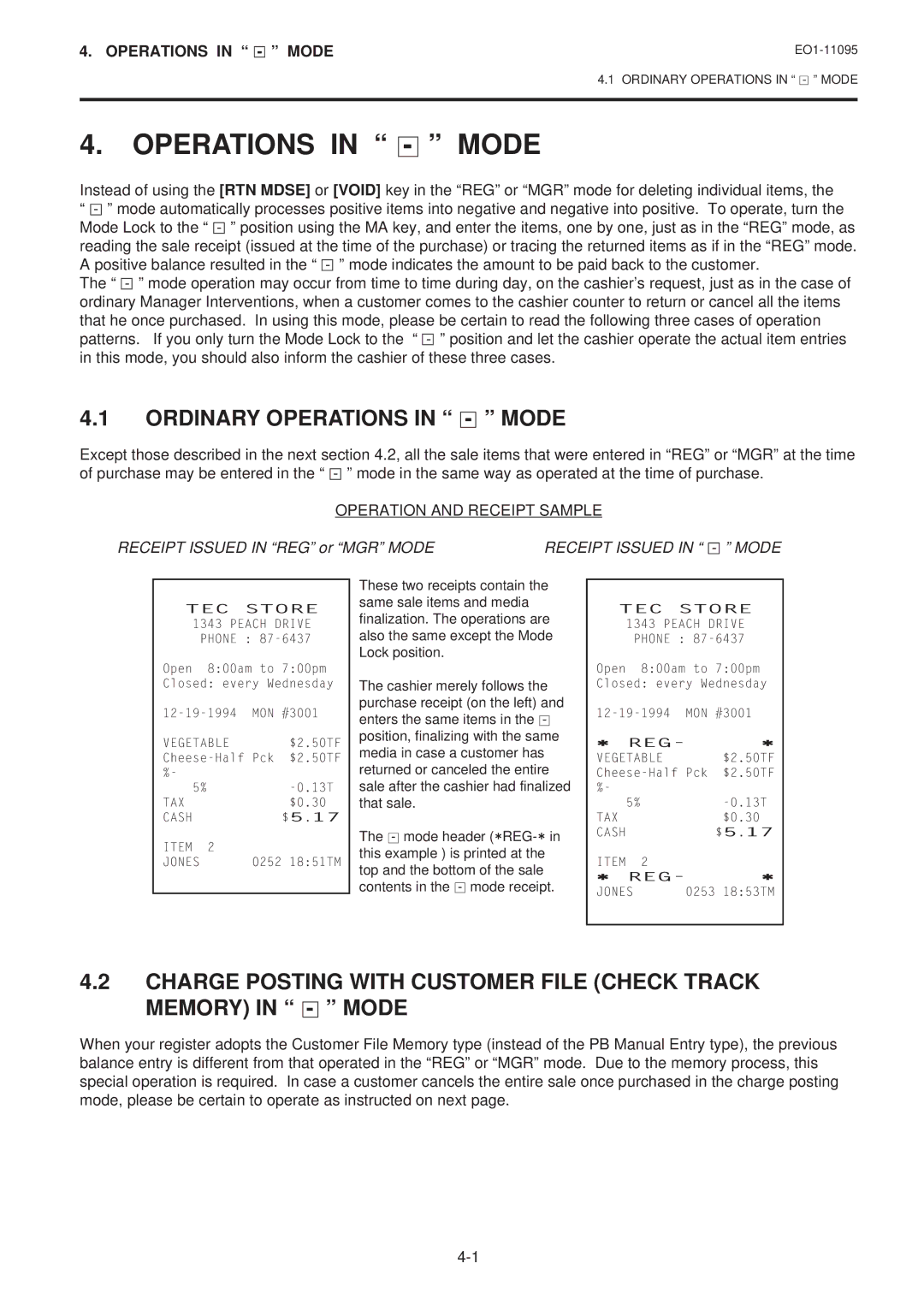 Toshiba MA-1450-1 SERIES, EO1-11095 owner manual Ordinary Operations in Mode, Operation and Receipt Sample 