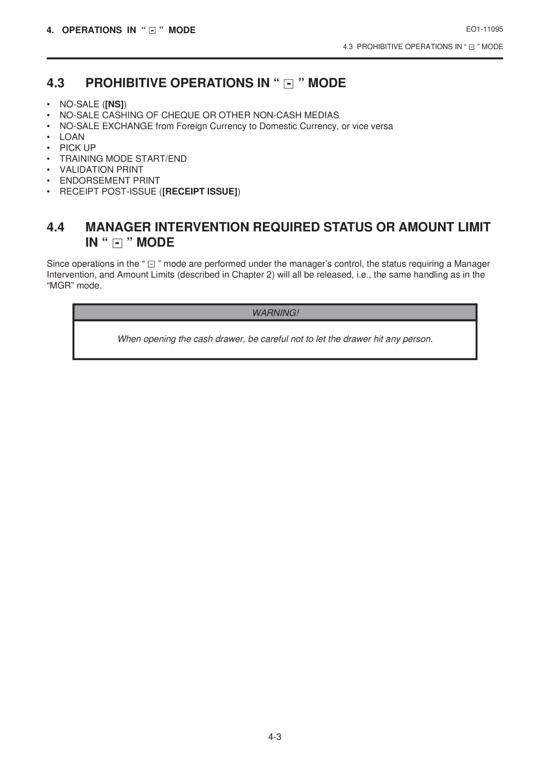 Toshiba EO1-11095, MA-1450 Prohibitive Operations in Mode, No-Sale Ns, NO-SALE Cashing of Cheque or Other NON-CASH Medias 