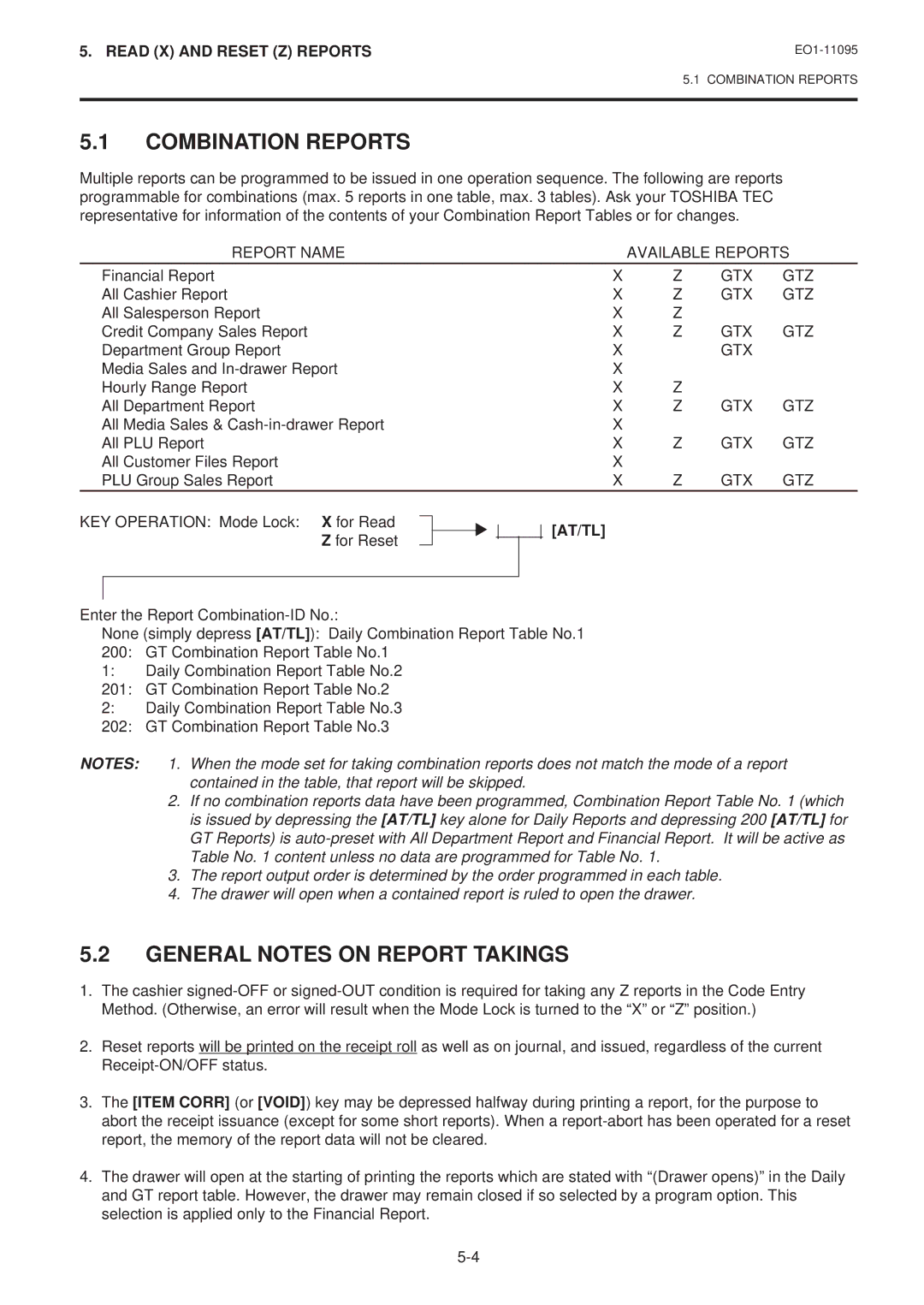 Toshiba MA-1450-1 SERIES Combination Reports, General Notes on Report Takings, Report Name Available Reports, Gtx Gtz 