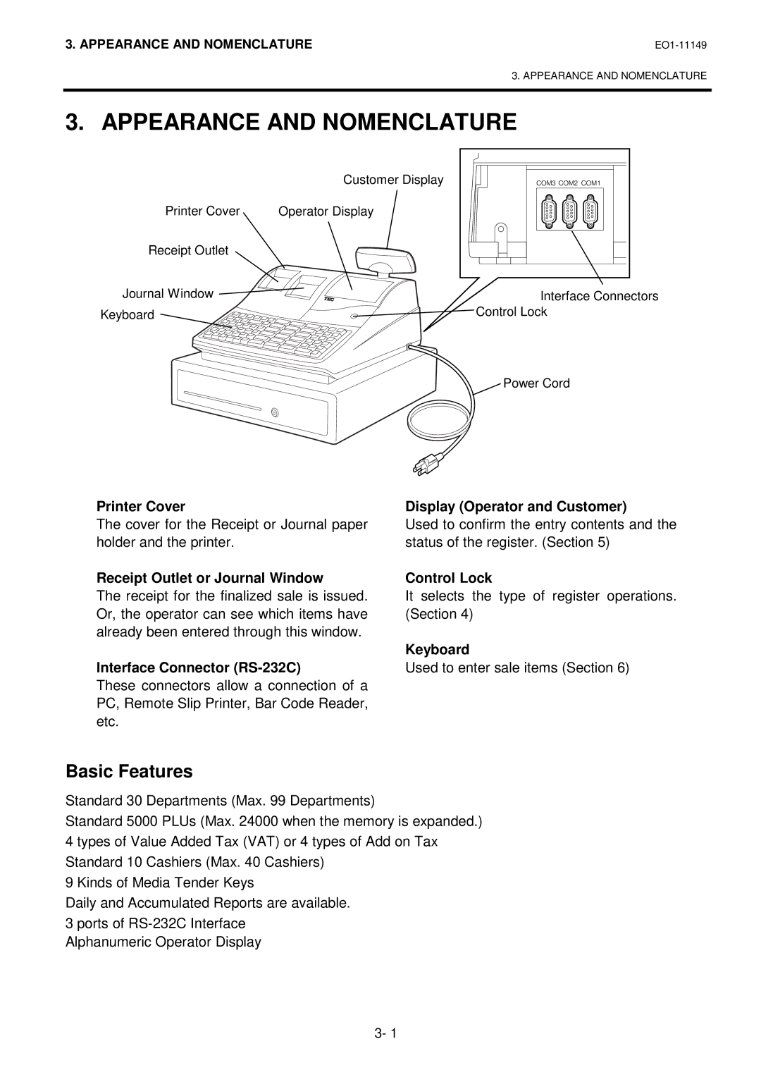 Toshiba MA-1535-2 owner manual Appearance and Nomenclature, Basic Features 