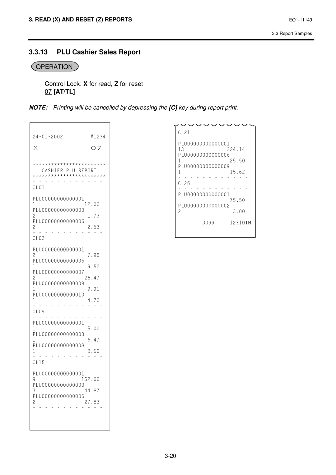 Toshiba MA-1535-2 owner manual PLU Cashier Sales Report, Control Lock X for read, Z for reset 