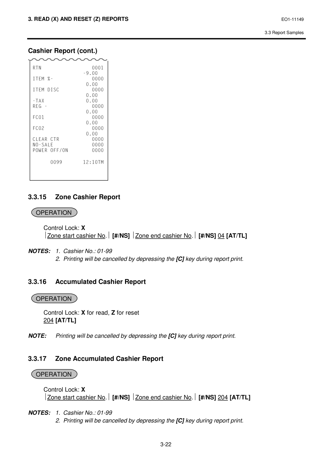 Toshiba MA-1535-2 owner manual Zone Cashier Report, Zone Accumulated Cashier Report, 204 AT/TL 