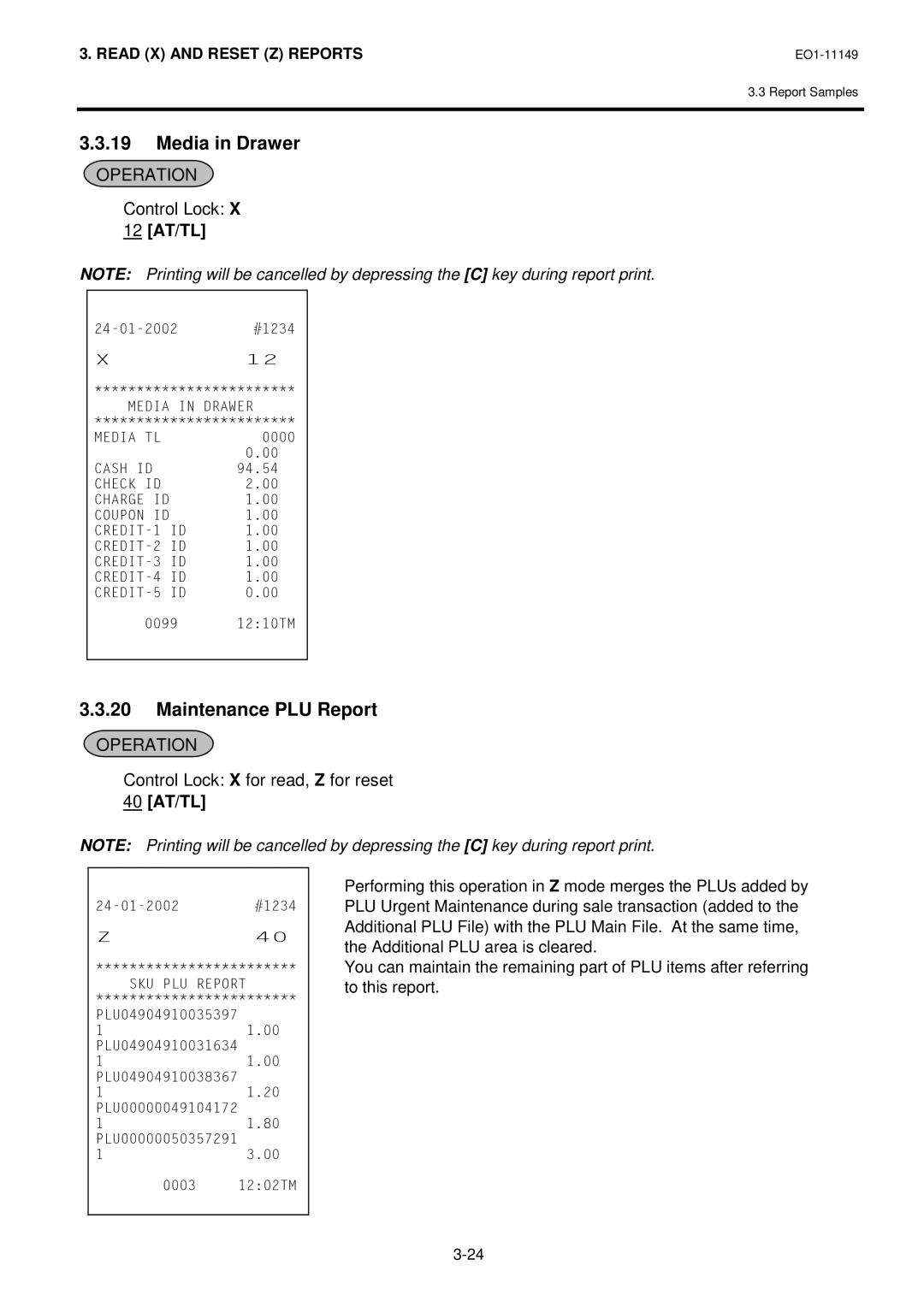 Toshiba MA-1535-2 owner manual Media in Drawer, Maintenance PLU Report, 40 AT/TL 