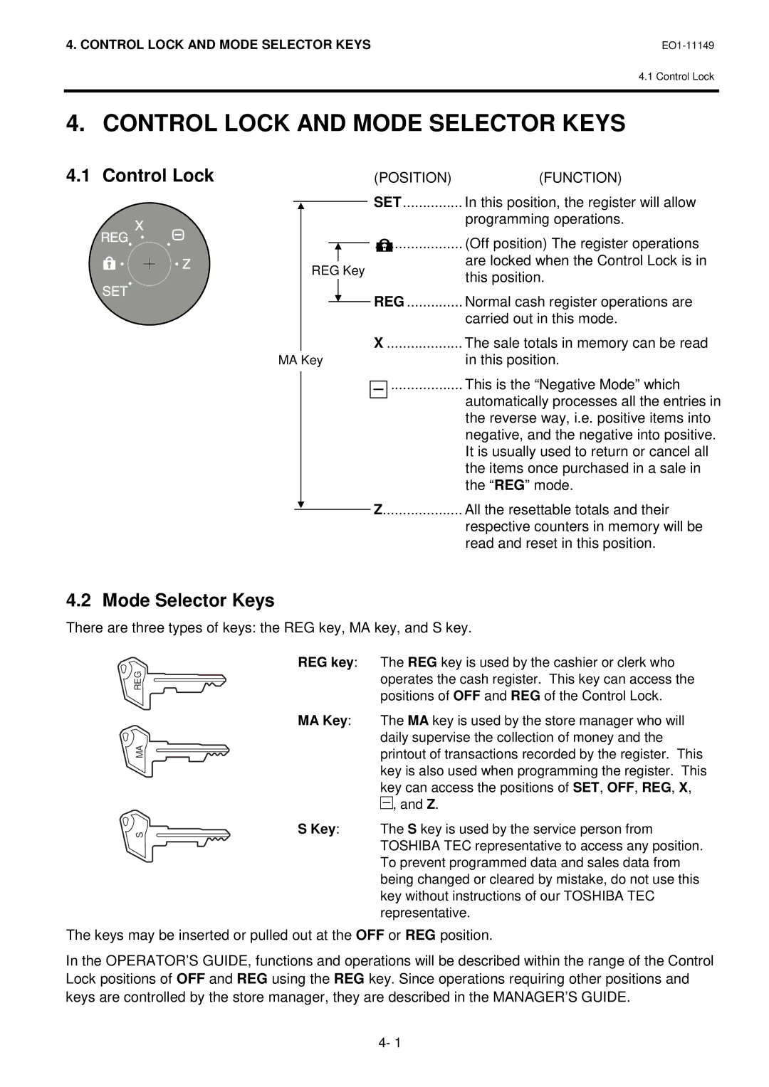 Toshiba MA-1535-2 owner manual Control Lock and Mode Selector Keys, Set, Reg 