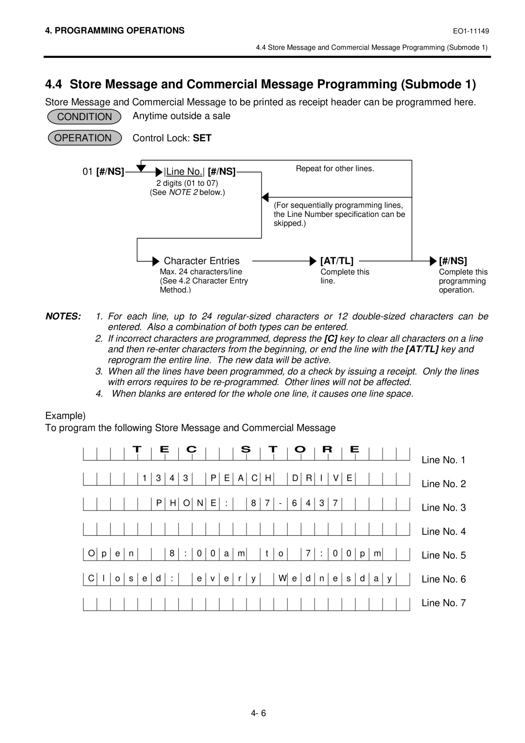 Toshiba MA-1535-2 owner manual Store Message and Commercial Message Programming Submode, 01 #/NS Line No.#/NS, #/Ns 