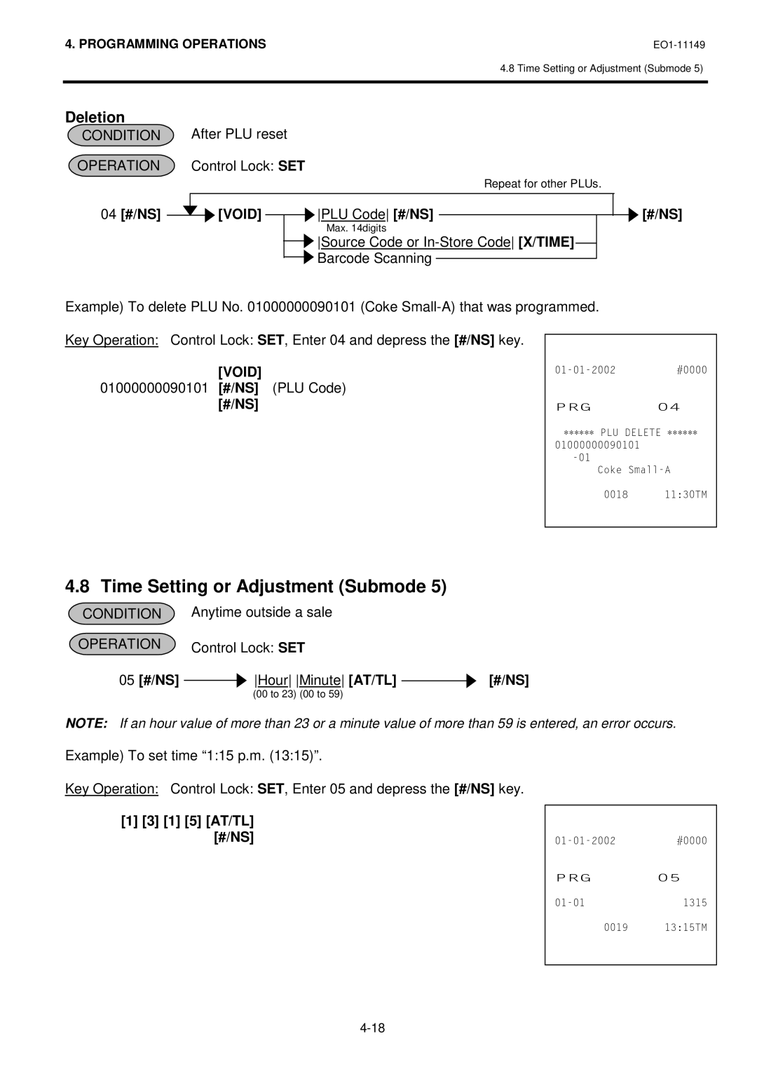 Toshiba MA-1535-2 owner manual Time Setting or Adjustment Submode, Deletion, Void 