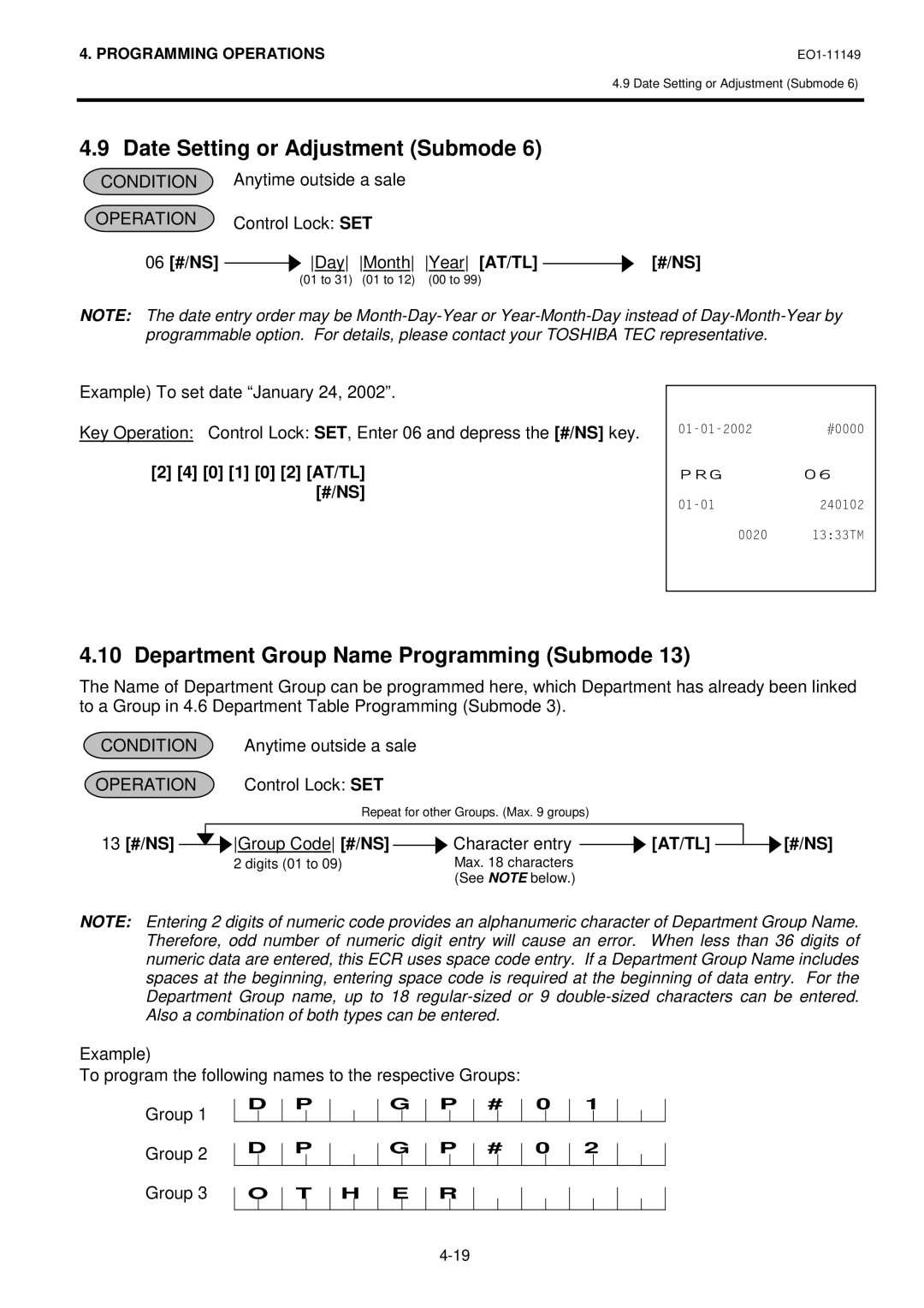 Toshiba MA-1535-2 Date Setting or Adjustment Submode, Department Group Name Programming Submode, 06 #/NS, Year AT/TL #/NS 