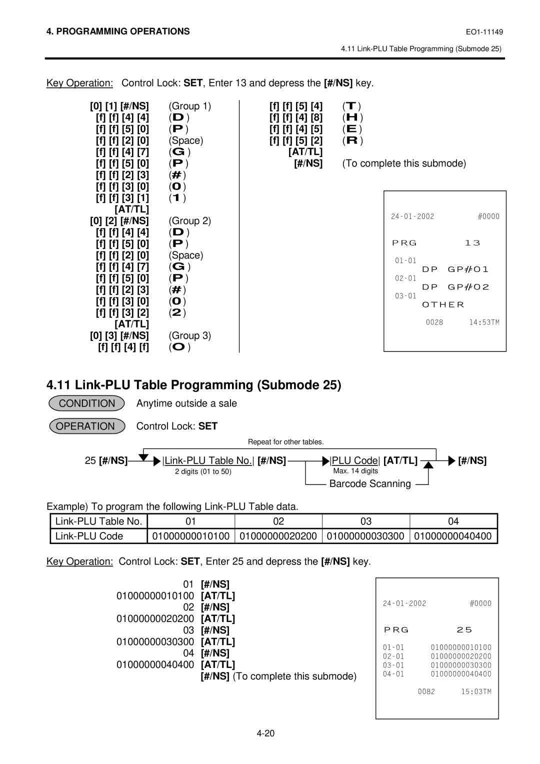 Toshiba MA-1535-2 Link-PLU Table Programming Submode, #/NS Group Space, #/NS Group 4 f Ff 5 2 AT/TL #/NS, 25 #/NS 