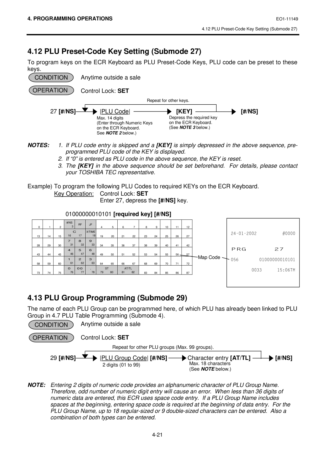 Toshiba MA-1535-2 owner manual PLU Preset-Code Key Setting Submode, Key #/Ns, Required key #/NS, 29 #/NS 