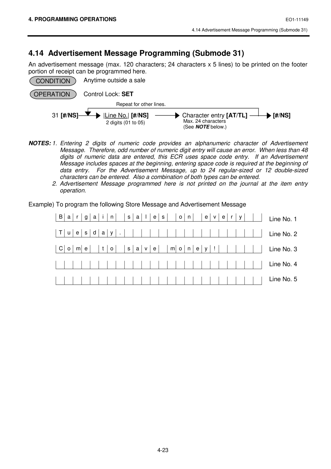 Toshiba MA-1535-2 owner manual Advertisement Message Programming Submode, 31 #/NS, Line No. #/NS Character entry AT/TL 