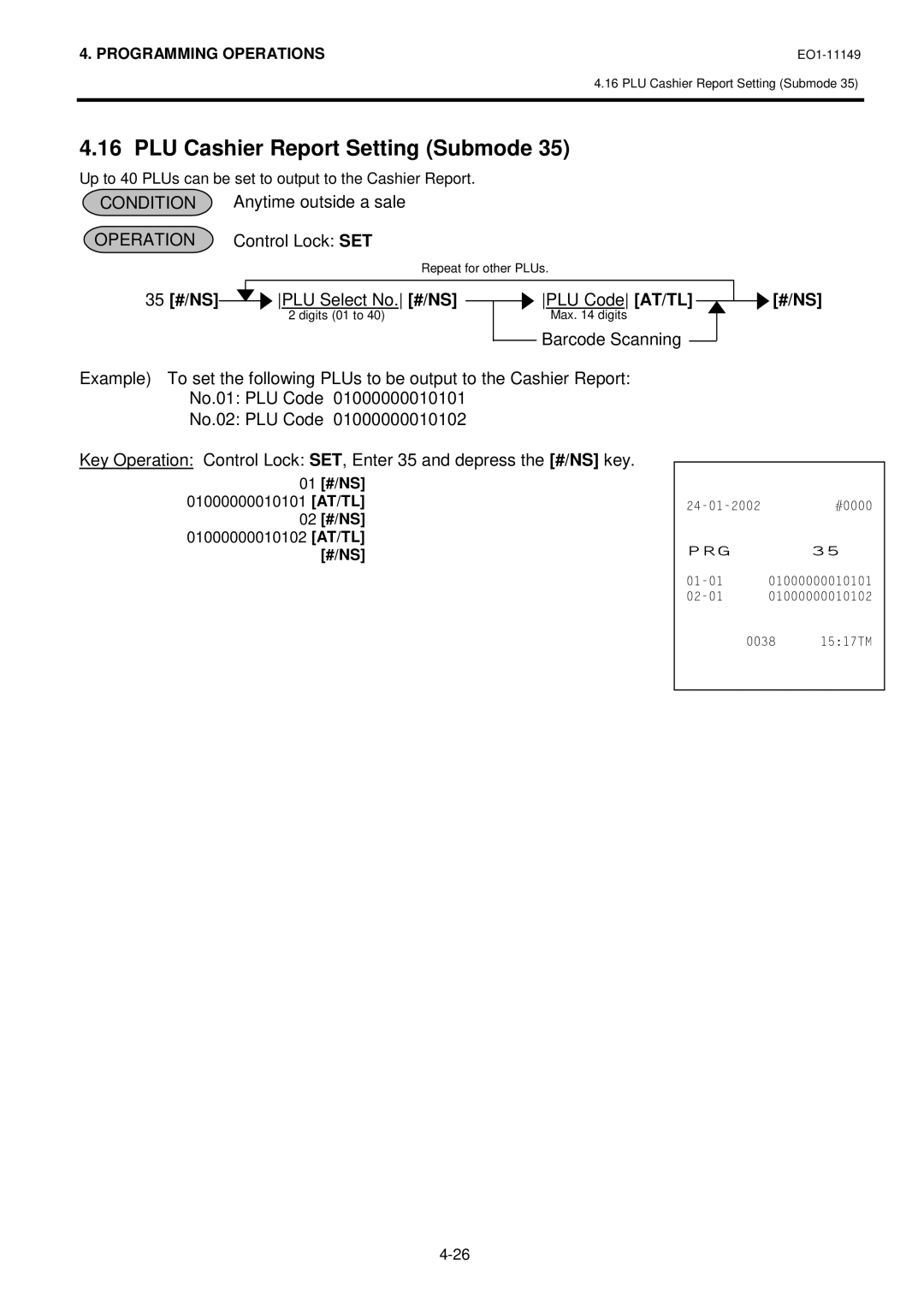 Toshiba MA-1535-2 owner manual PLU Cashier Report Setting Submode, 35 #/NS, PLU Select No. #/NS PLU Code AT/TL 