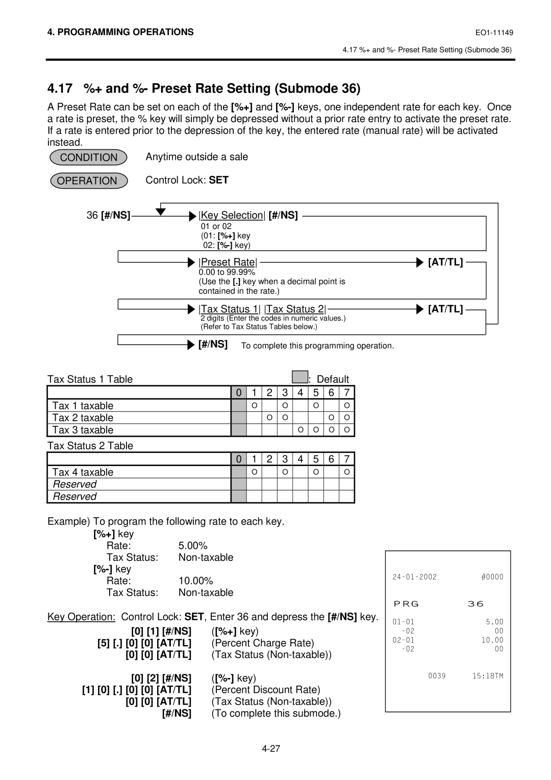 Toshiba MA-1535-2 owner manual 17 %+ and %- Preset Rate Setting Submode 