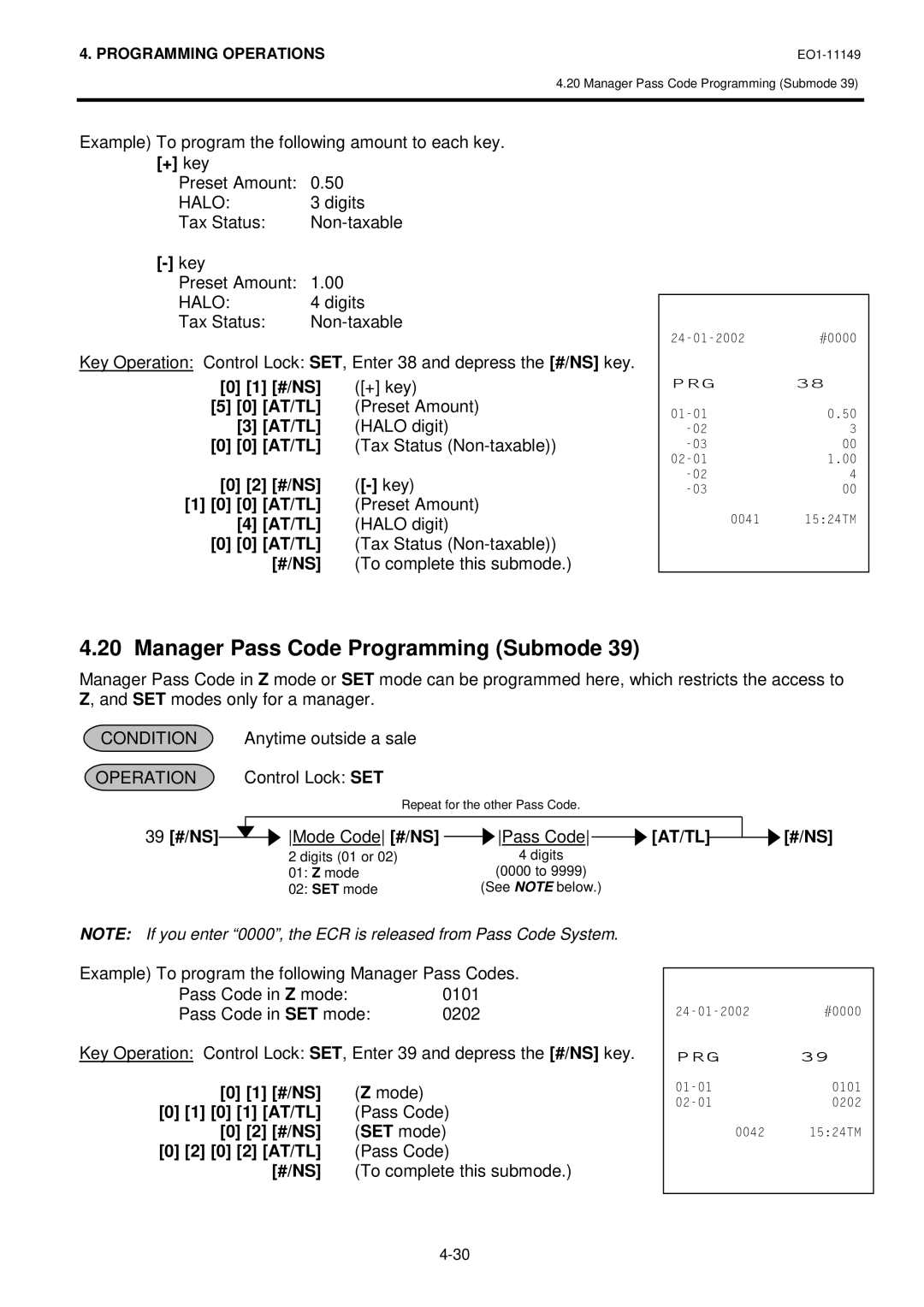 Toshiba MA-1535-2 owner manual Manager Pass Code Programming Submode, AT/TL Halo digit, 39 #/NS, 0 1 AT/TL, 0 2 AT/TL 