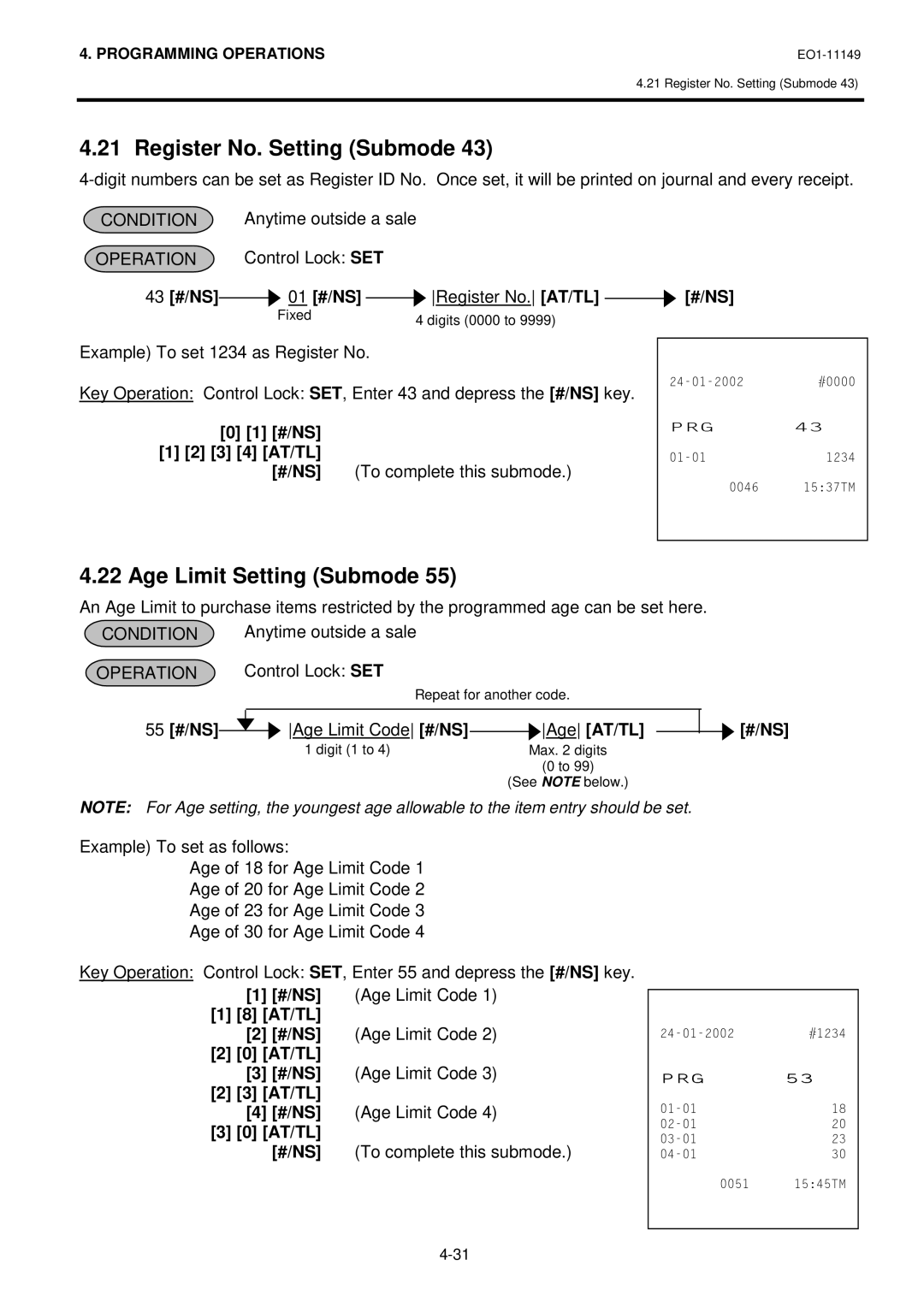 Toshiba MA-1535-2 owner manual Register No. Setting Submode, Age Limit Setting Submode 