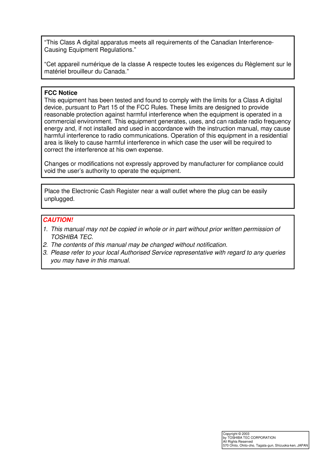 Toshiba MA-1535-2 owner manual FCC Notice, Toshiba TEC 