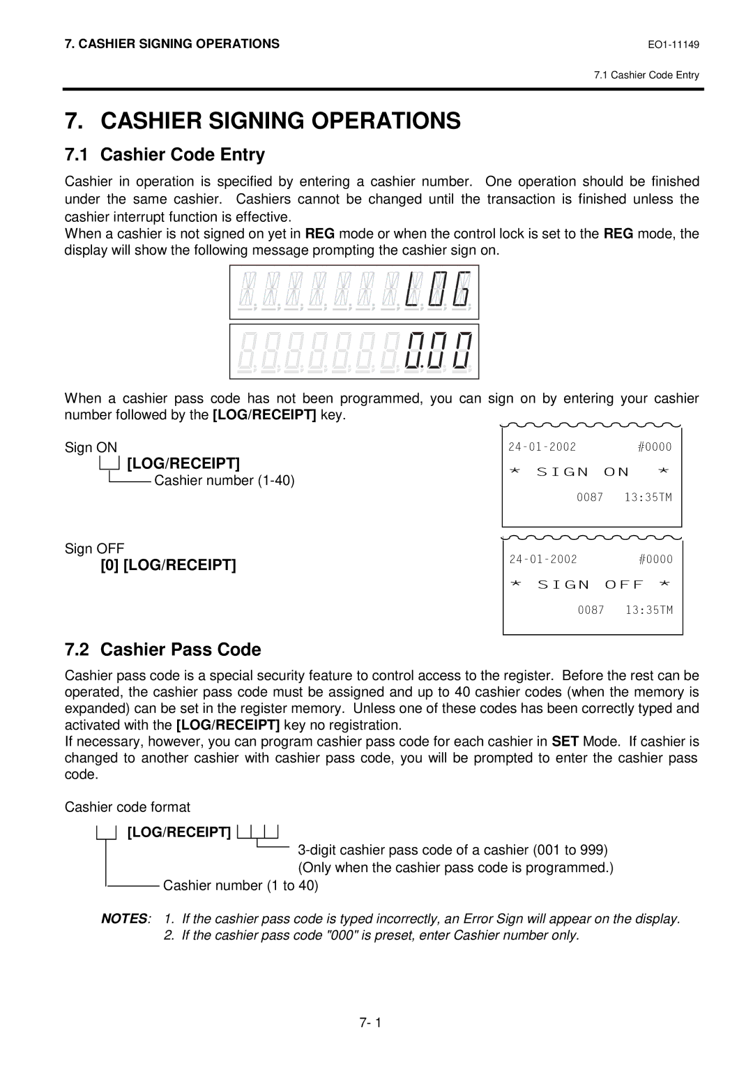 Toshiba MA-1535-2 owner manual Cashier Signing Operations, Cashier Code Entry, Cashier Pass Code, Log/Receipt 