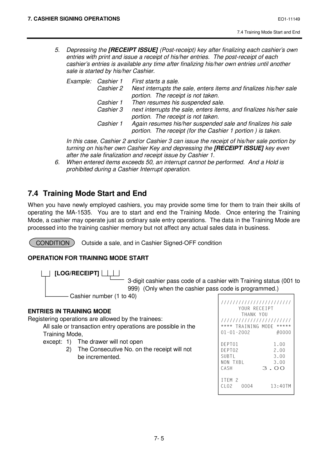 Toshiba MA-1535-2 owner manual Training Mode Start and End 