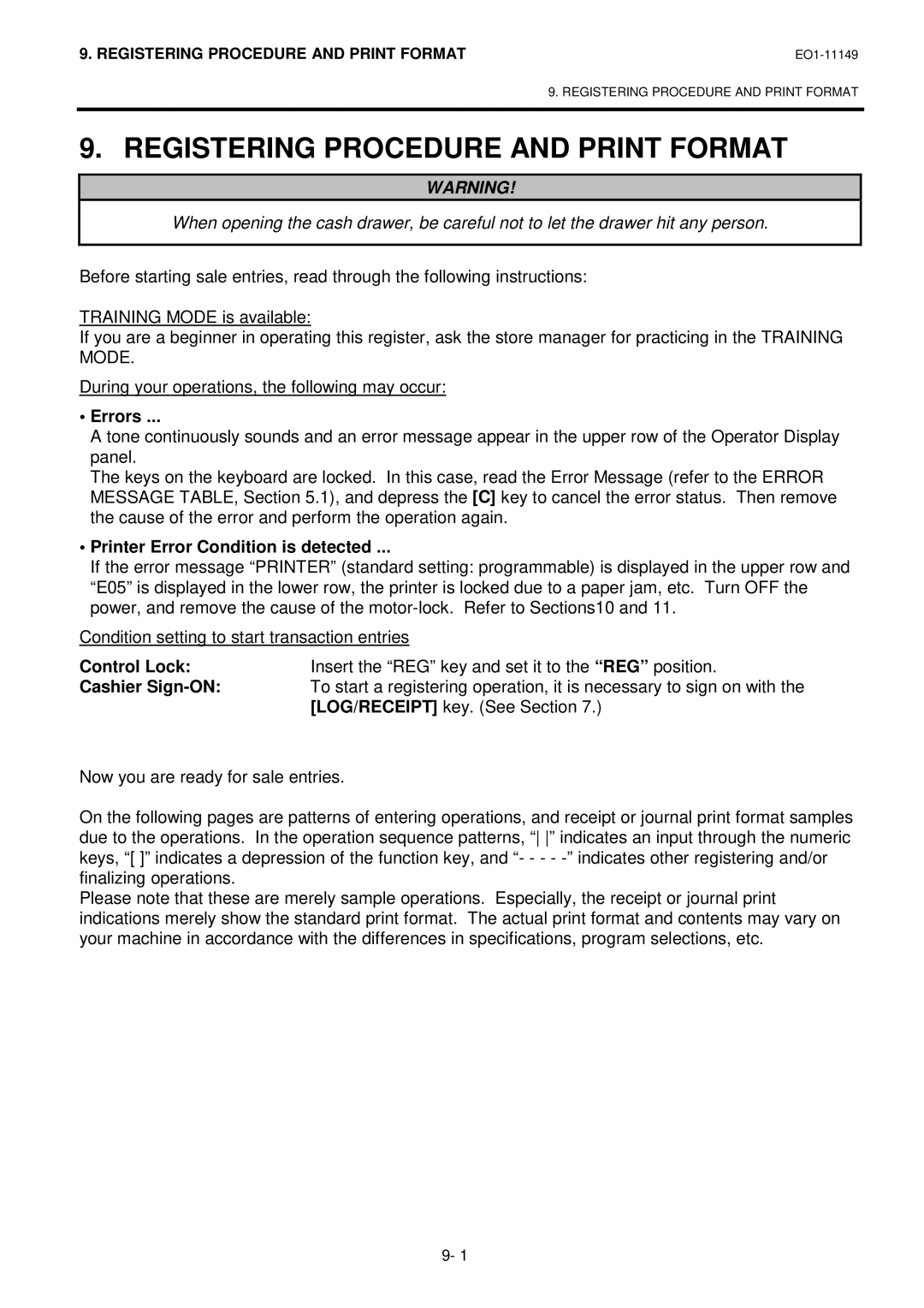 Toshiba MA-1535-2 owner manual Registering Procedure and Print Format, Errors, Printer Error Condition is detected 