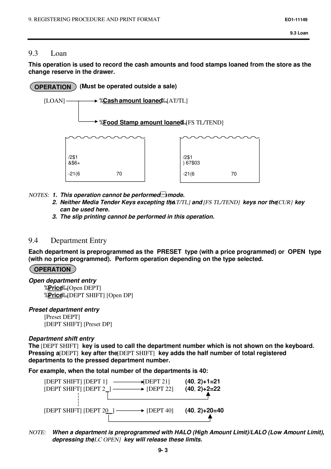 Toshiba MA-1535-2 owner manual Loan, Department Entry, Dept Shift Dept 