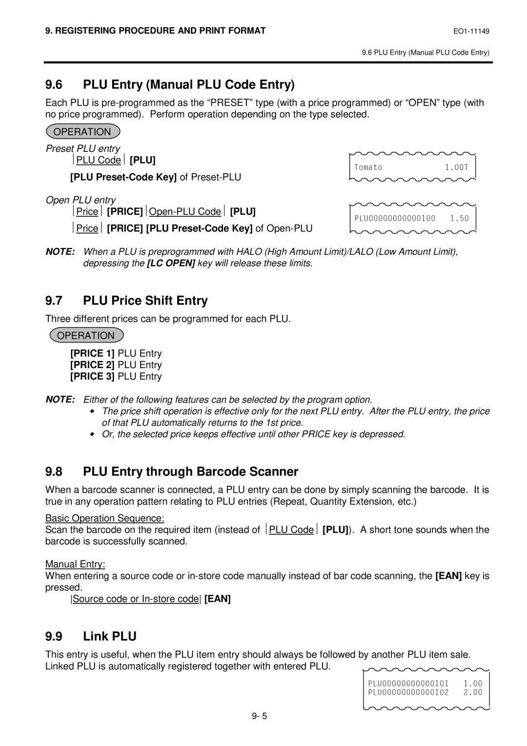 Toshiba MA-1535-2 PLU Entry Manual PLU Code Entry, PLU Price Shift Entry, PLU Entry through Barcode Scanner, Link PLU 