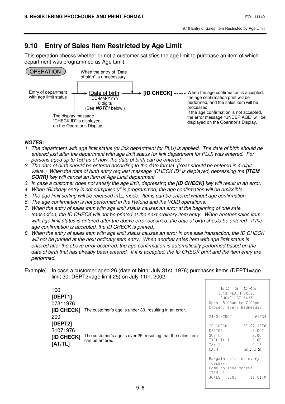 Toshiba MA-1535-2 owner manual Entry of Sales Item Restricted by Age Limit, Date of birth 