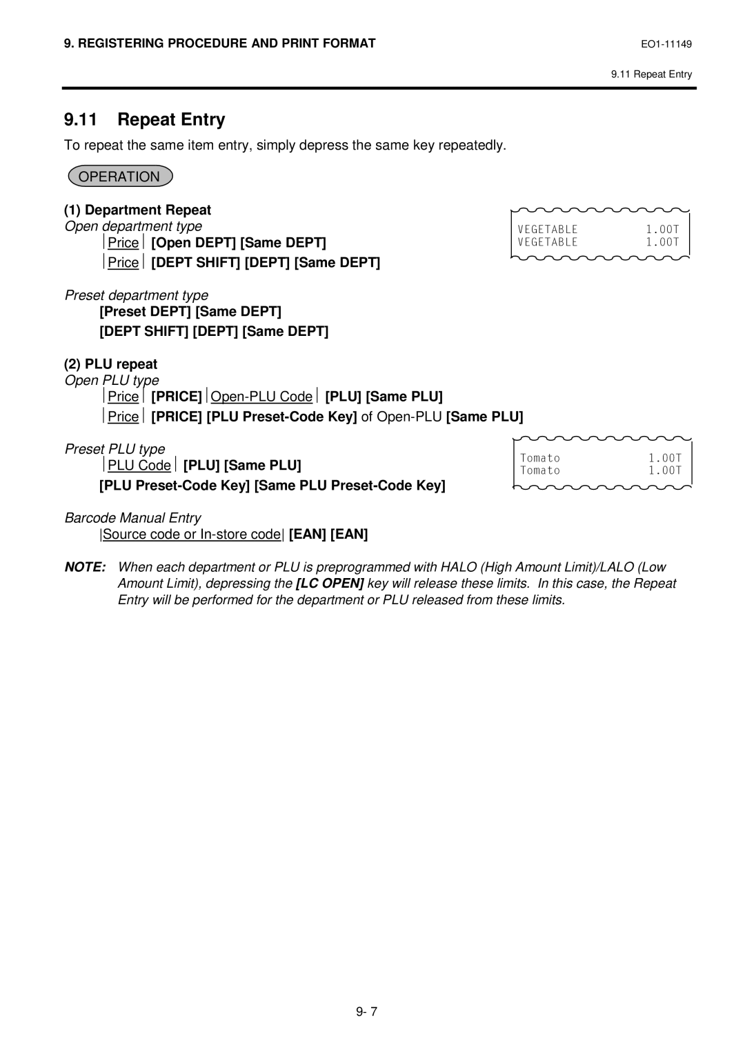 Toshiba MA-1535-2 owner manual Repeat Entry, Operation 