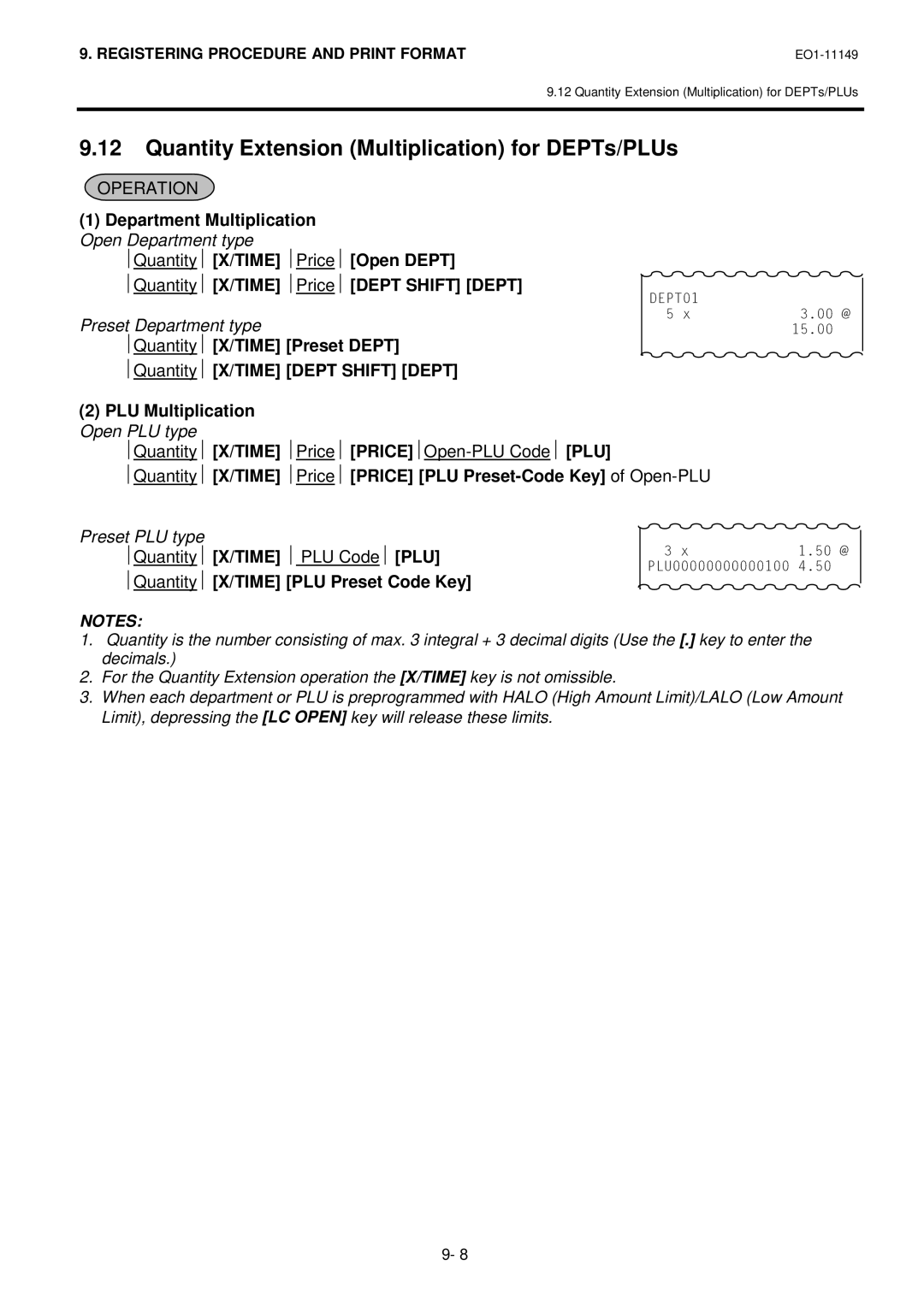 Toshiba MA-1535-2 owner manual Quantity Extension Multiplication for DEPTs/PLUs, Department Multiplication 