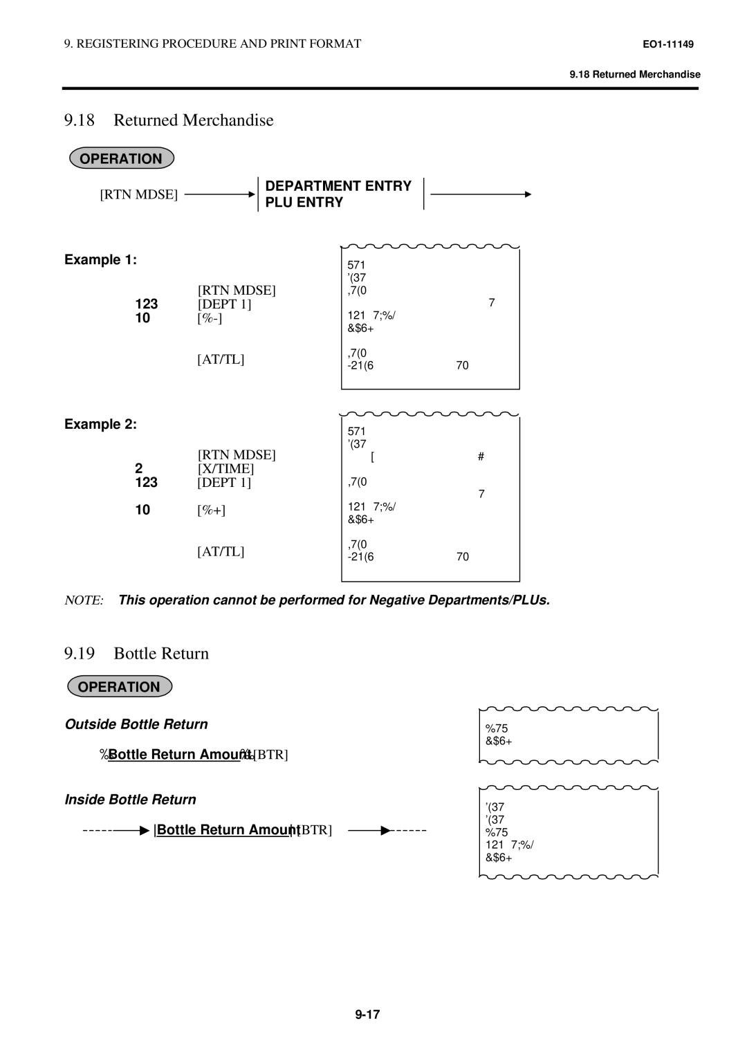 Toshiba MA-1535-2 owner manual Returned Merchandise, Bottle Return, Operation RTN Mdse Department Entry, At/Tl 