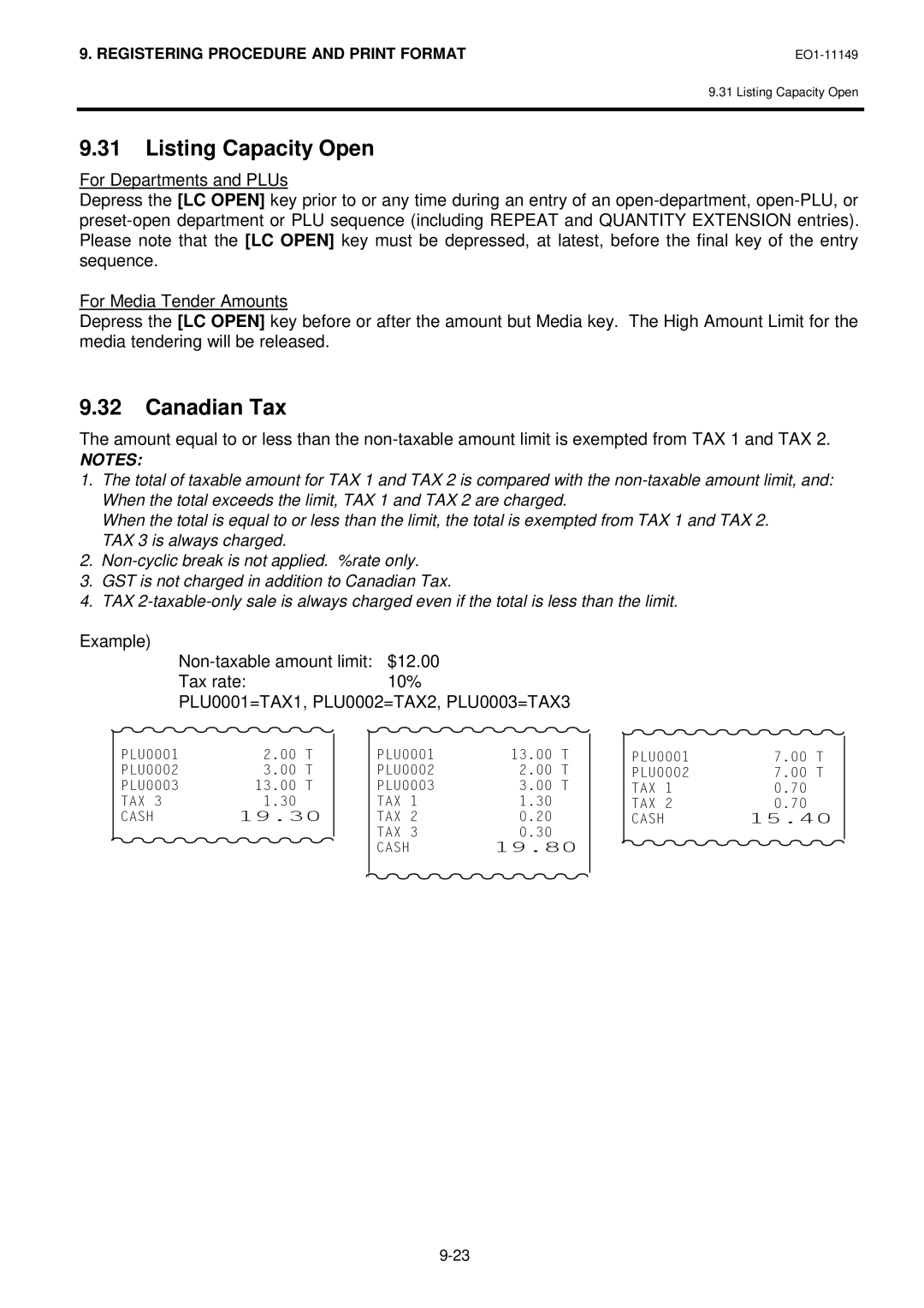 Toshiba MA-1535-2 owner manual Listing Capacity Open, Canadian Tax, Example Non-taxable amount limit 