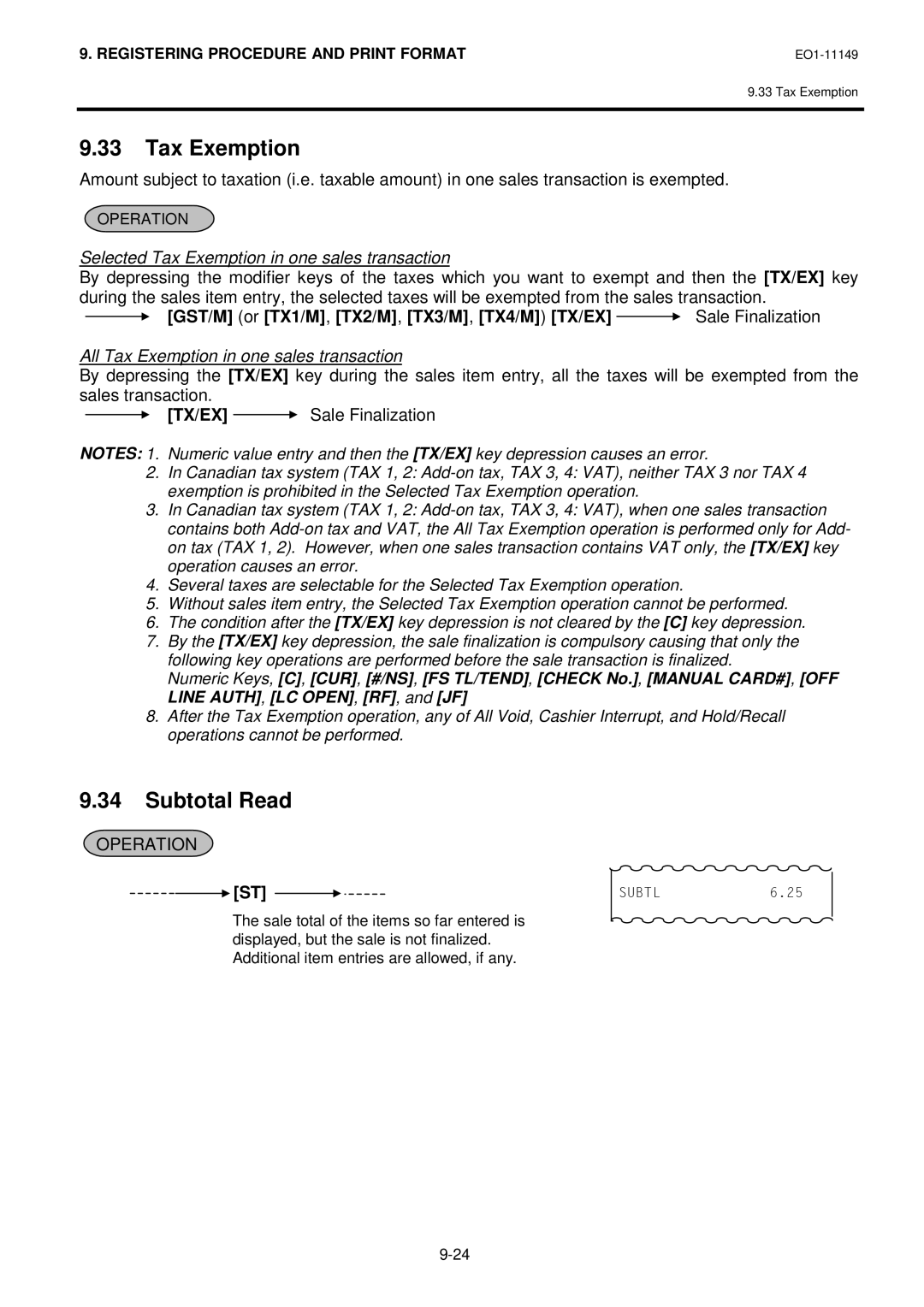 Toshiba MA-1535-2 owner manual Tax Exemption, Subtotal Read, GST/M or TX1/M, TX2/M, TX3/M, TX4/M TX/EX Sale Finalization 