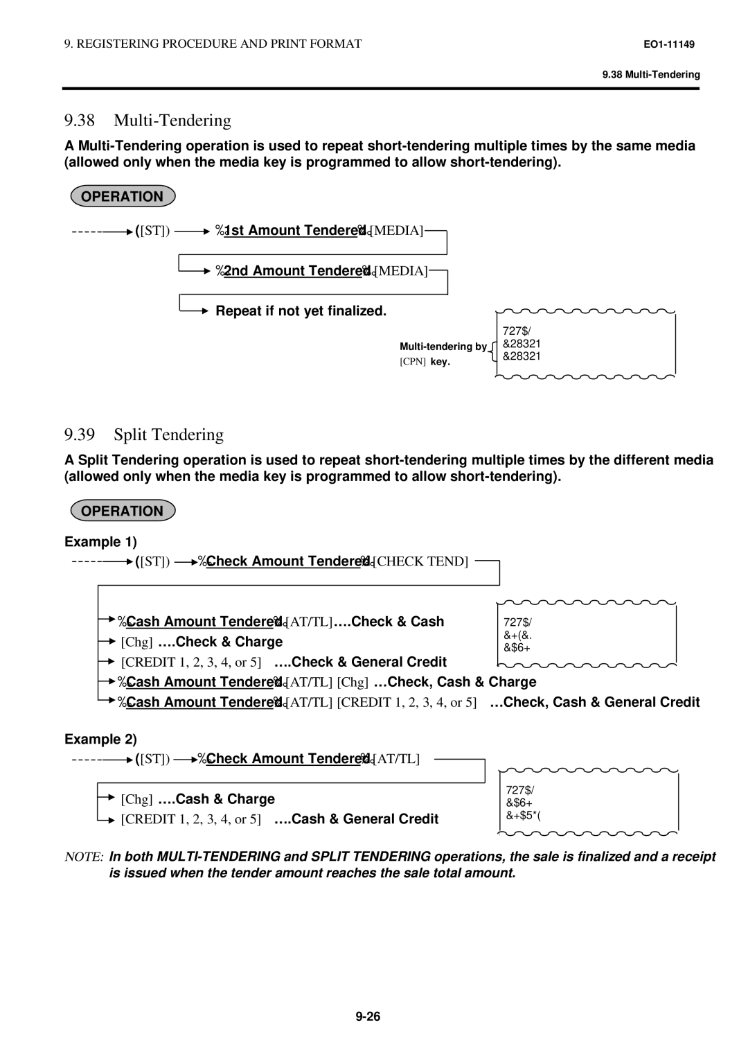 Toshiba MA-1535-2 owner manual Multi-Tendering, Split Tendering, Check Amount Tendered AT/TL, Chg….Cash & Charge 