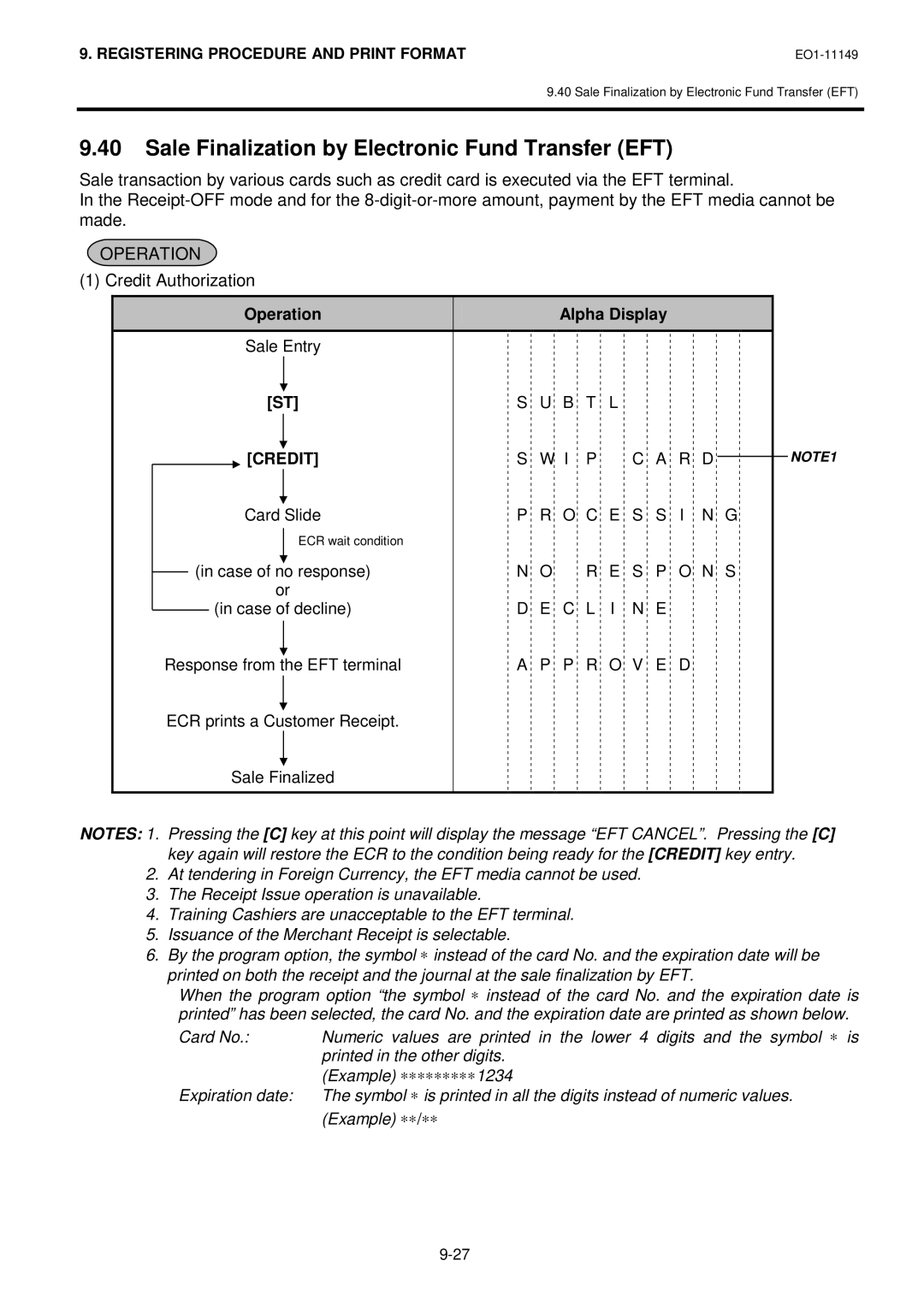 Toshiba MA-1535-2 owner manual Sale Finalization by Electronic Fund Transfer EFT, Credit Authorization 