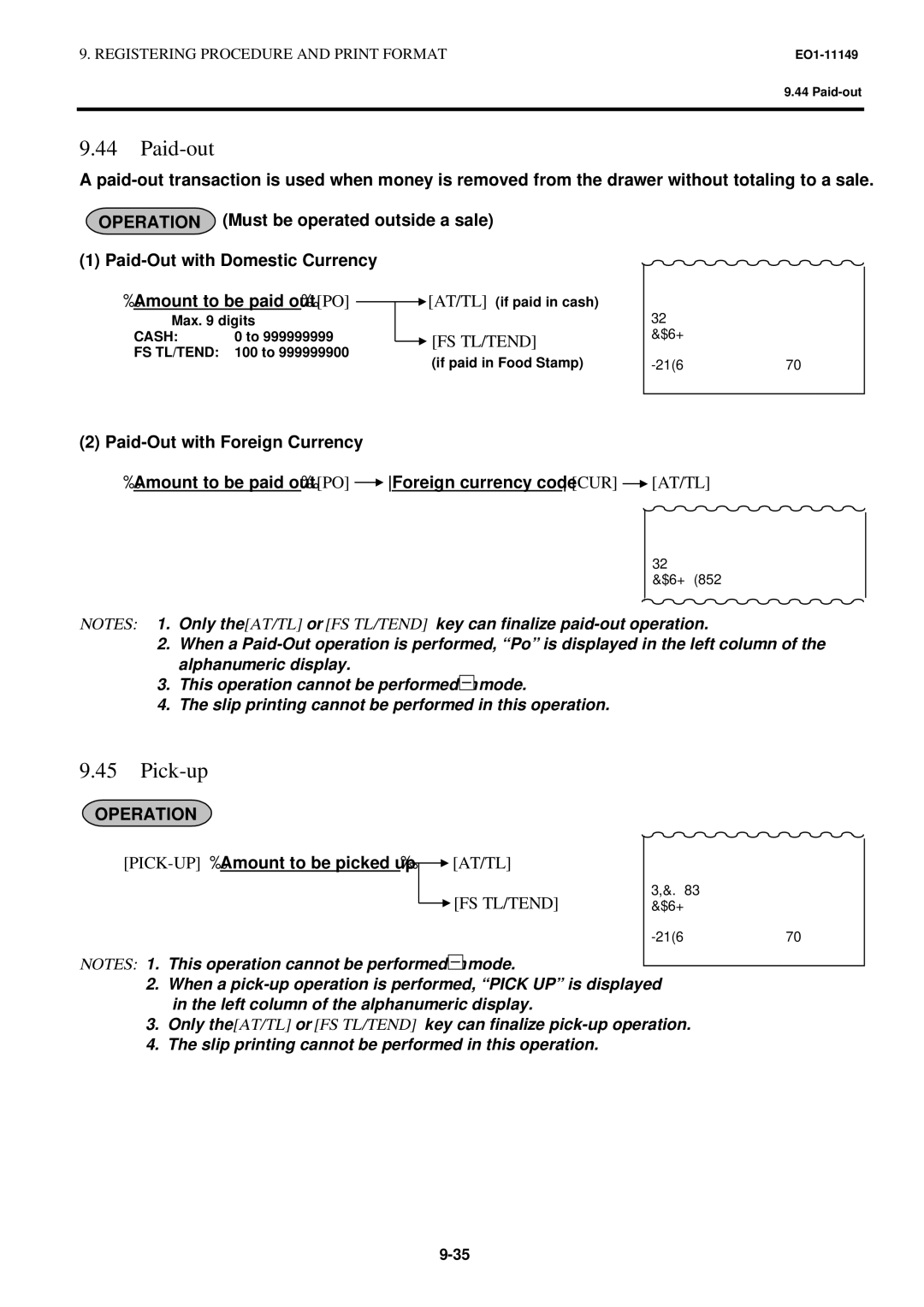 Toshiba MA-1535-2 owner manual Paid-out, Pick-up, PICK-UPAmount to be picked up AT/TL 