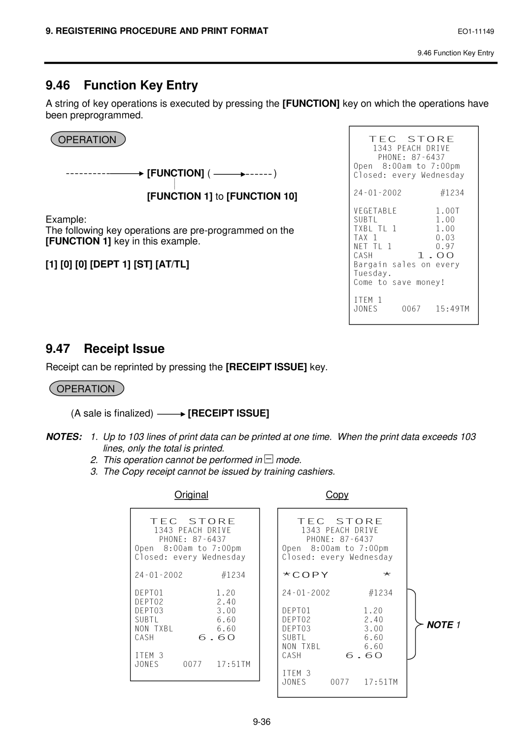 Toshiba MA-1535-2 owner manual Function Key Entry, Receipt Issue, Dept 1 ST AT/TL 