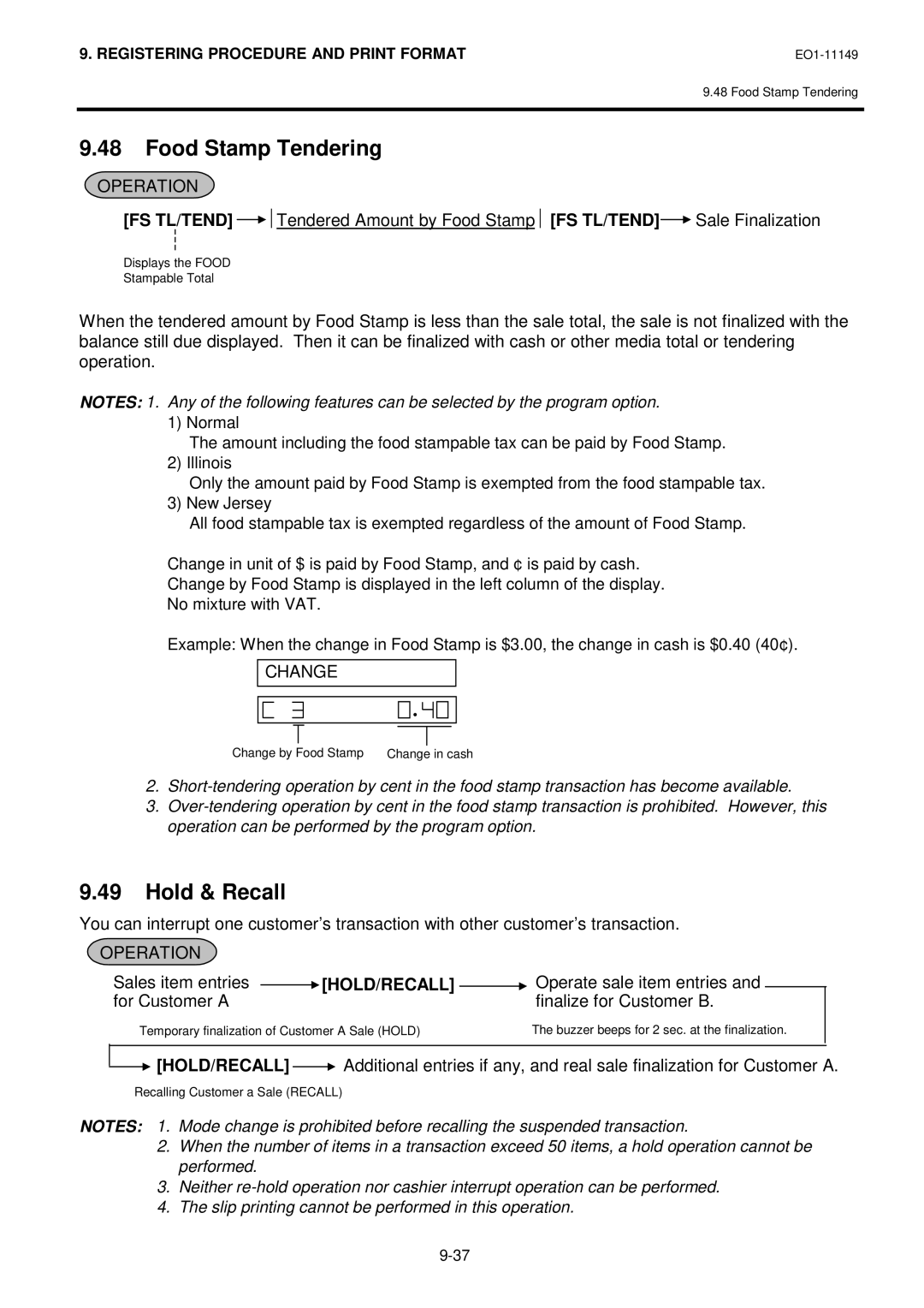 Toshiba MA-1535-2 owner manual Food Stamp Tendering, Hold & Recall, Hold/Recall, Operate sale item entries 