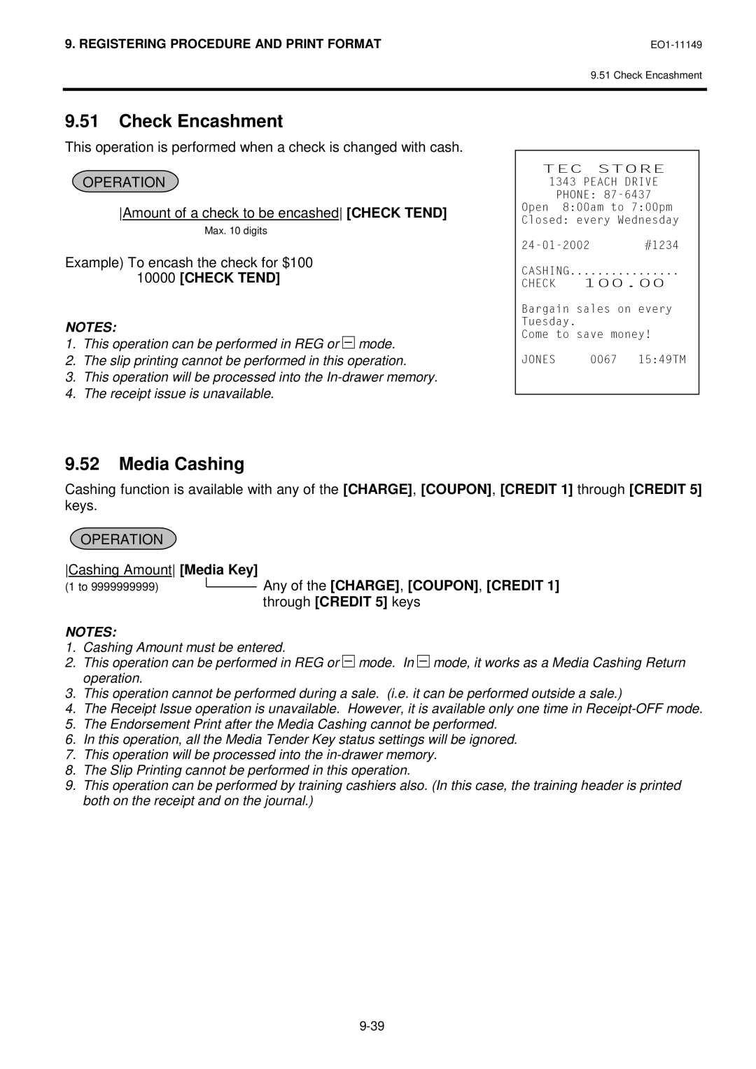 Toshiba MA-1535-2 owner manual Media Cashing, Cashing Amount Media Key, Through Credit 5 keys 