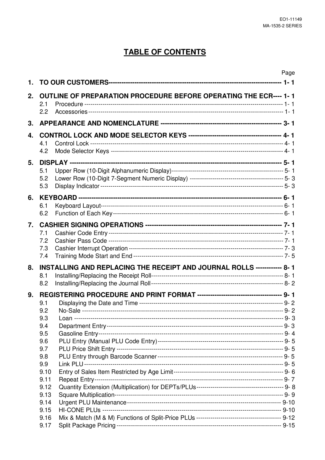 Toshiba MA-1535-2 owner manual Table of Contents 