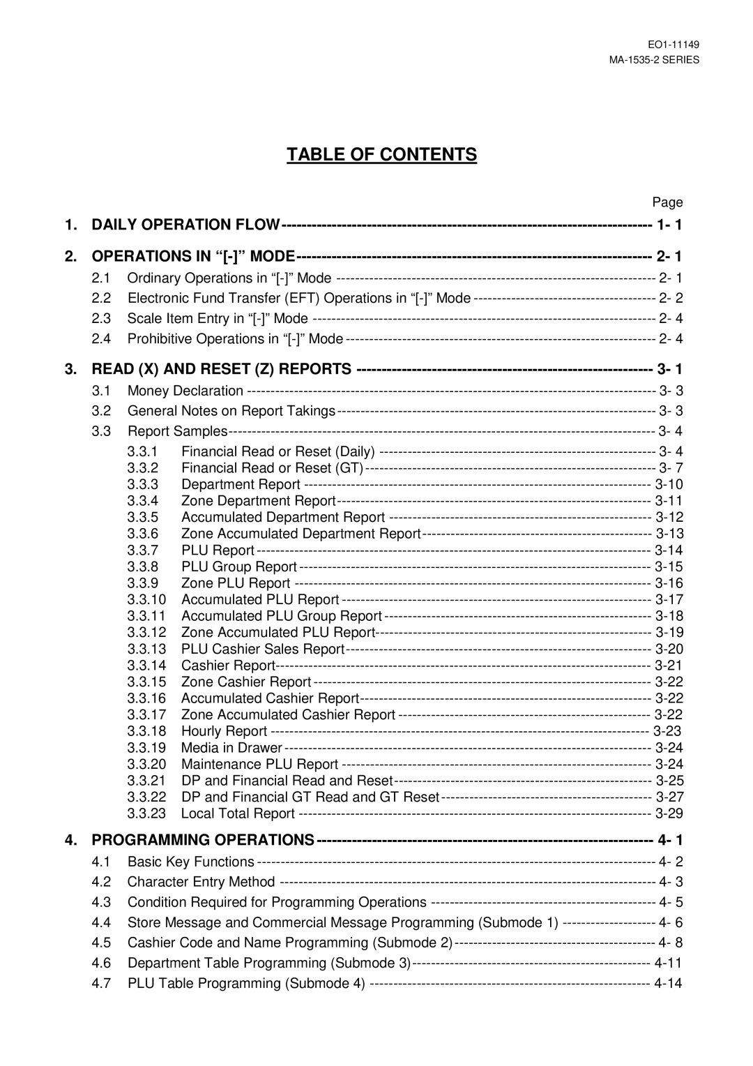 Toshiba MA-1535-2 owner manual Daily Operation Flow Operations in Mode, Read X and Reset Z Reports, Programming Operations 