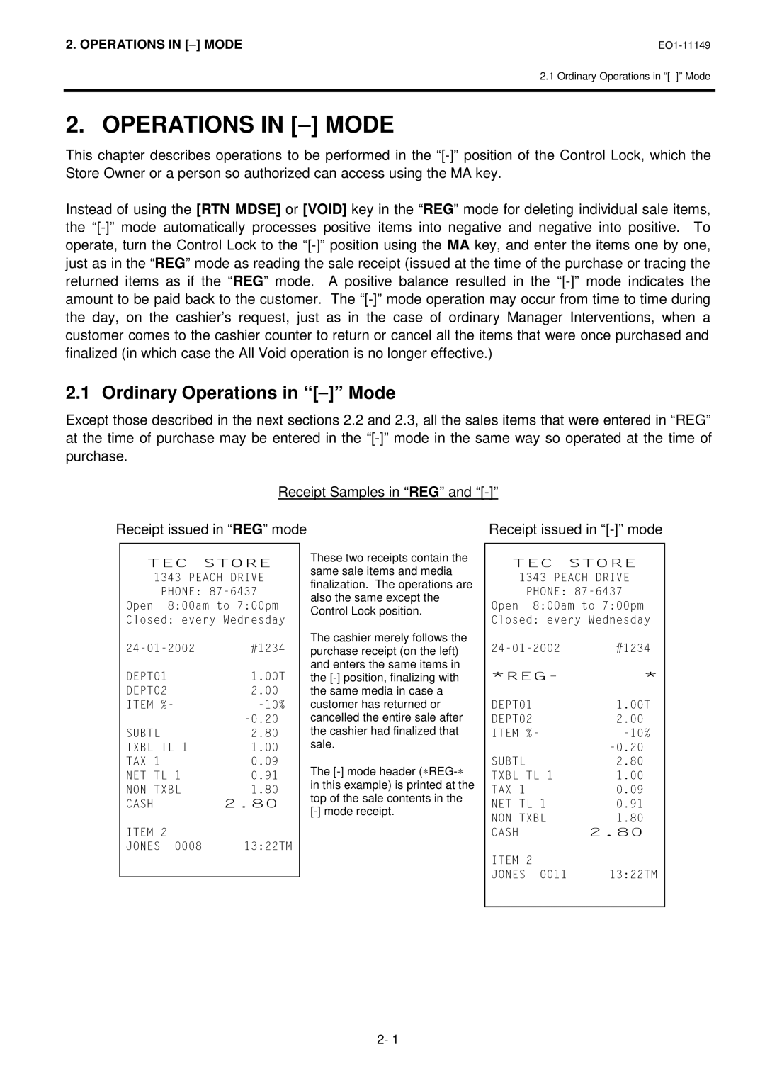 Toshiba MA-1535-2 owner manual Ordinary Operations in − Mode, Receipt issued in mode 