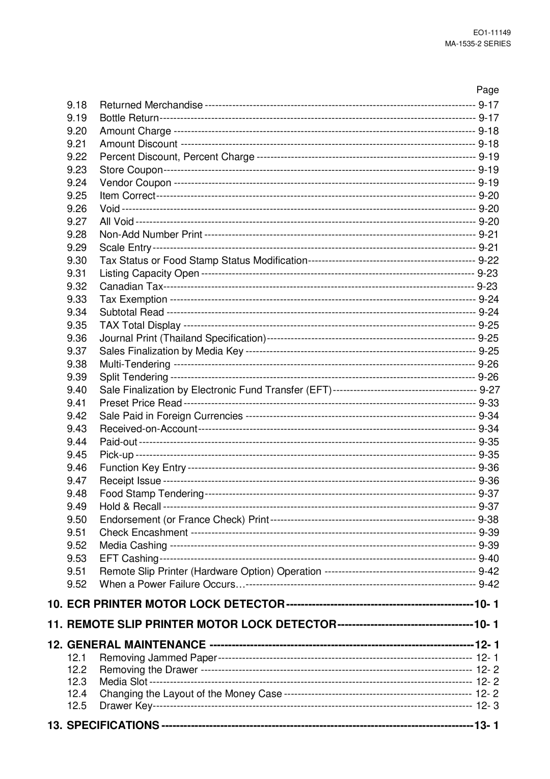 Toshiba MA-1535-2 owner manual Specifications, 12.1, 12.2, 12.3, Changing the Layout of the Money Case 12.5 