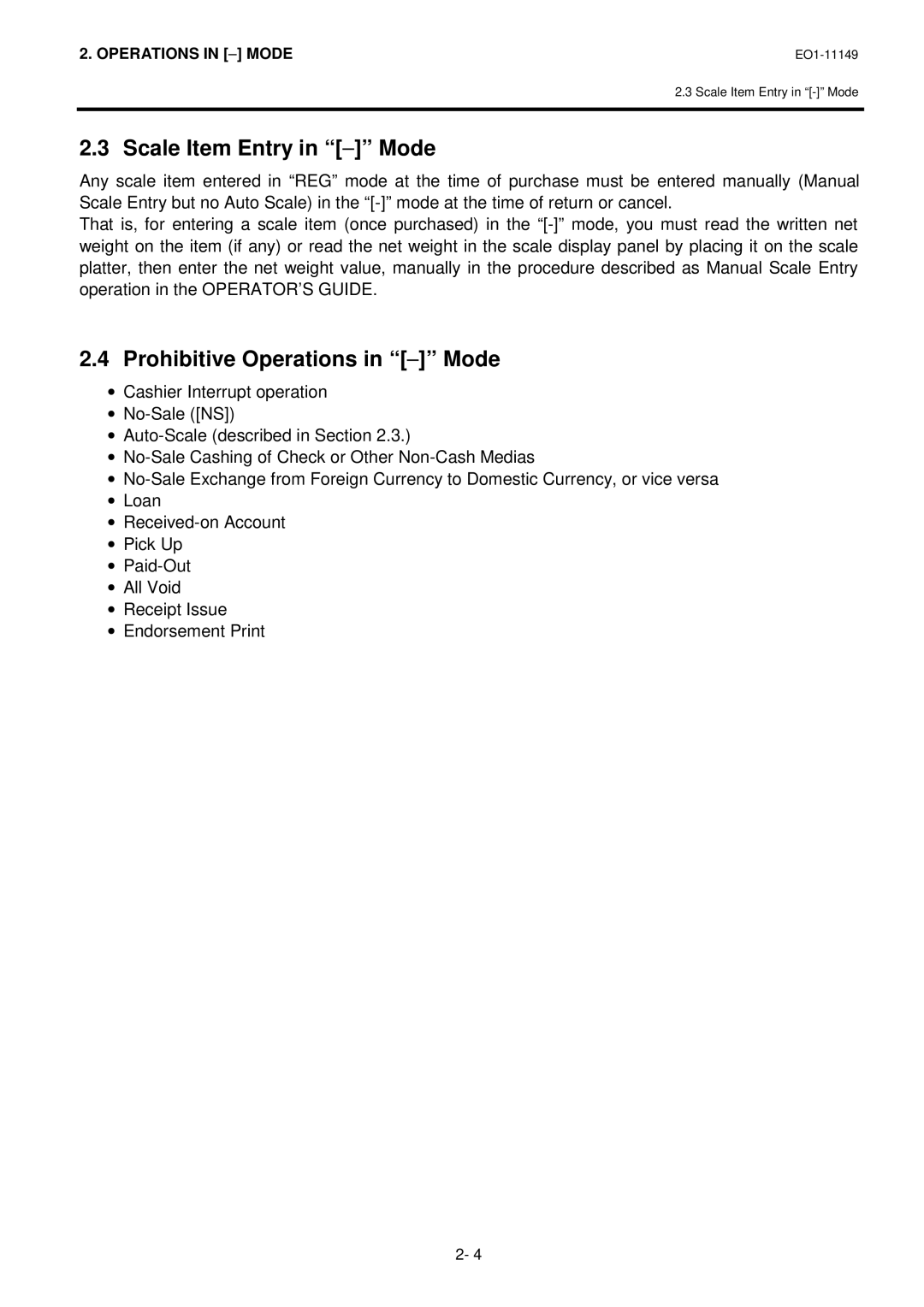 Toshiba MA-1535-2 owner manual Scale Item Entry in − Mode, Prohibitive Operations in − Mode 