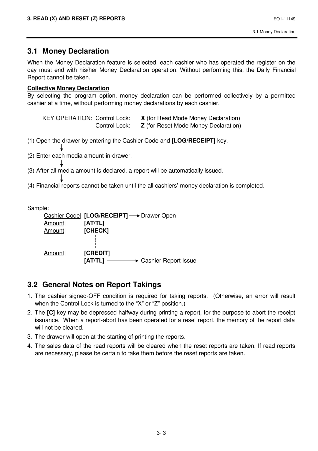 Toshiba MA-1535-2 General Notes on Report Takings, Collective Money Declaration, AmountAT/TL AmountCHECK, Credit AT/TL 