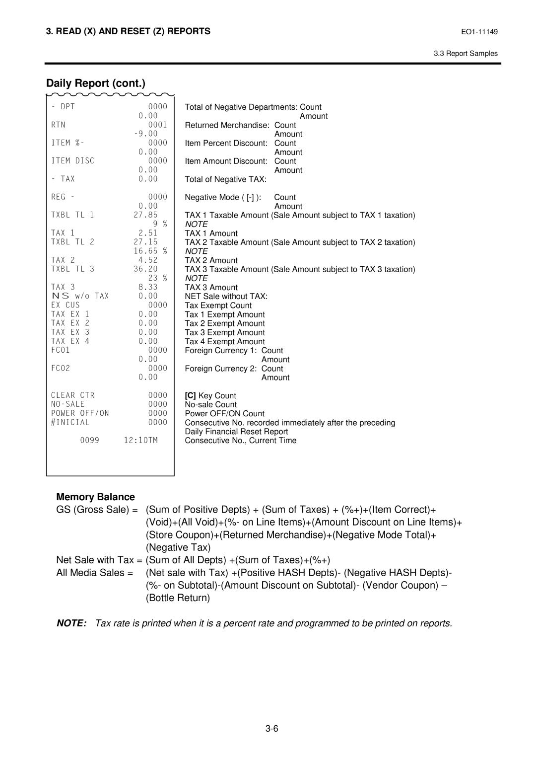 Toshiba MA-1535-2 owner manual Memory Balance, Net Sale with Tax = Sum of All Depts +Sum of Taxes+%+ 