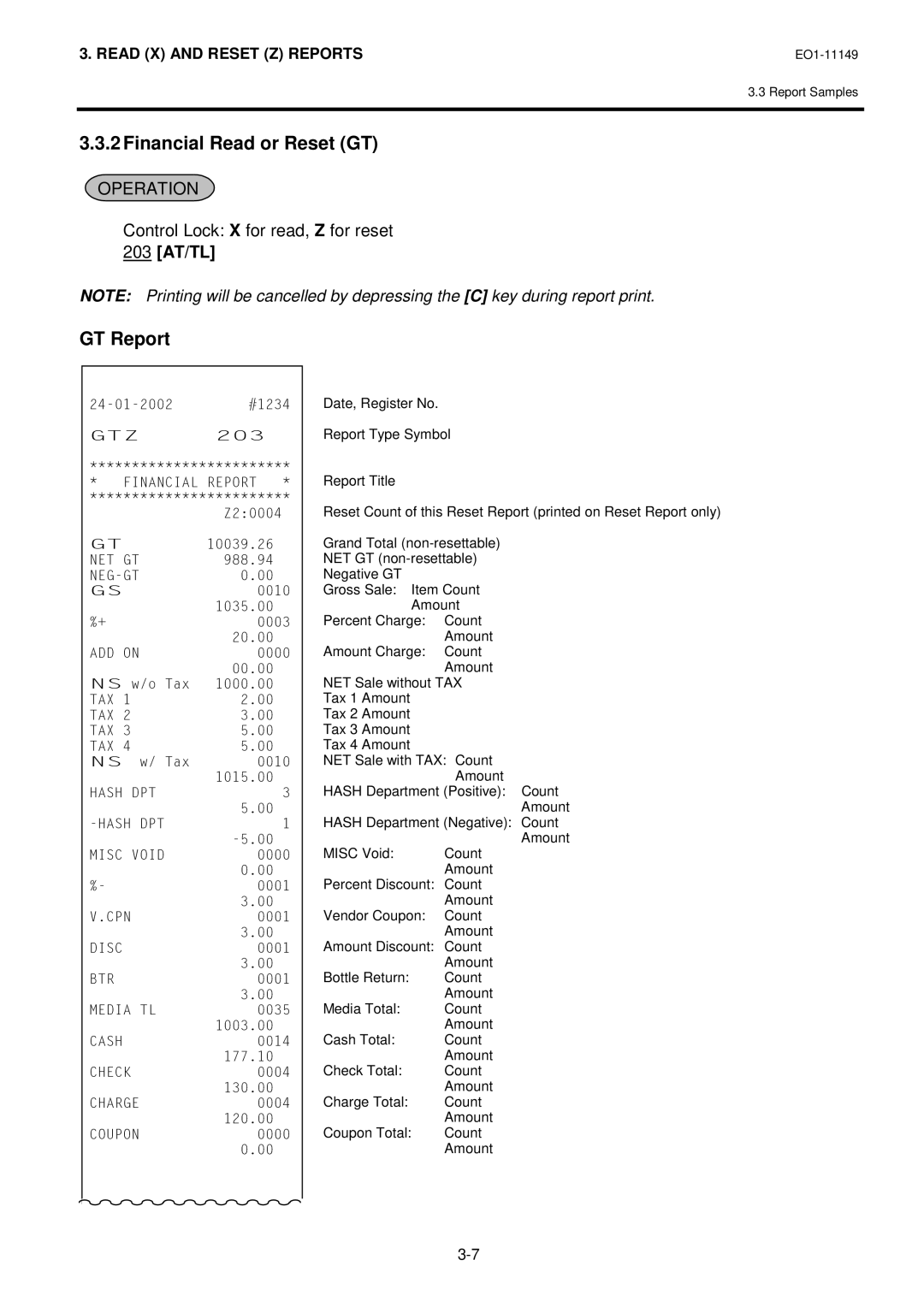 Toshiba MA-1535-2 owner manual Financial Read or Reset GT, 203 AT/TL 