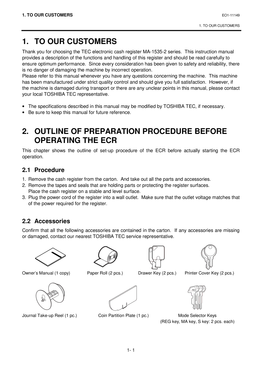 Toshiba MA-1535-2 owner manual To OUR Customers, Outline of Preparation Procedure Before Operating the ECR, Accessories 