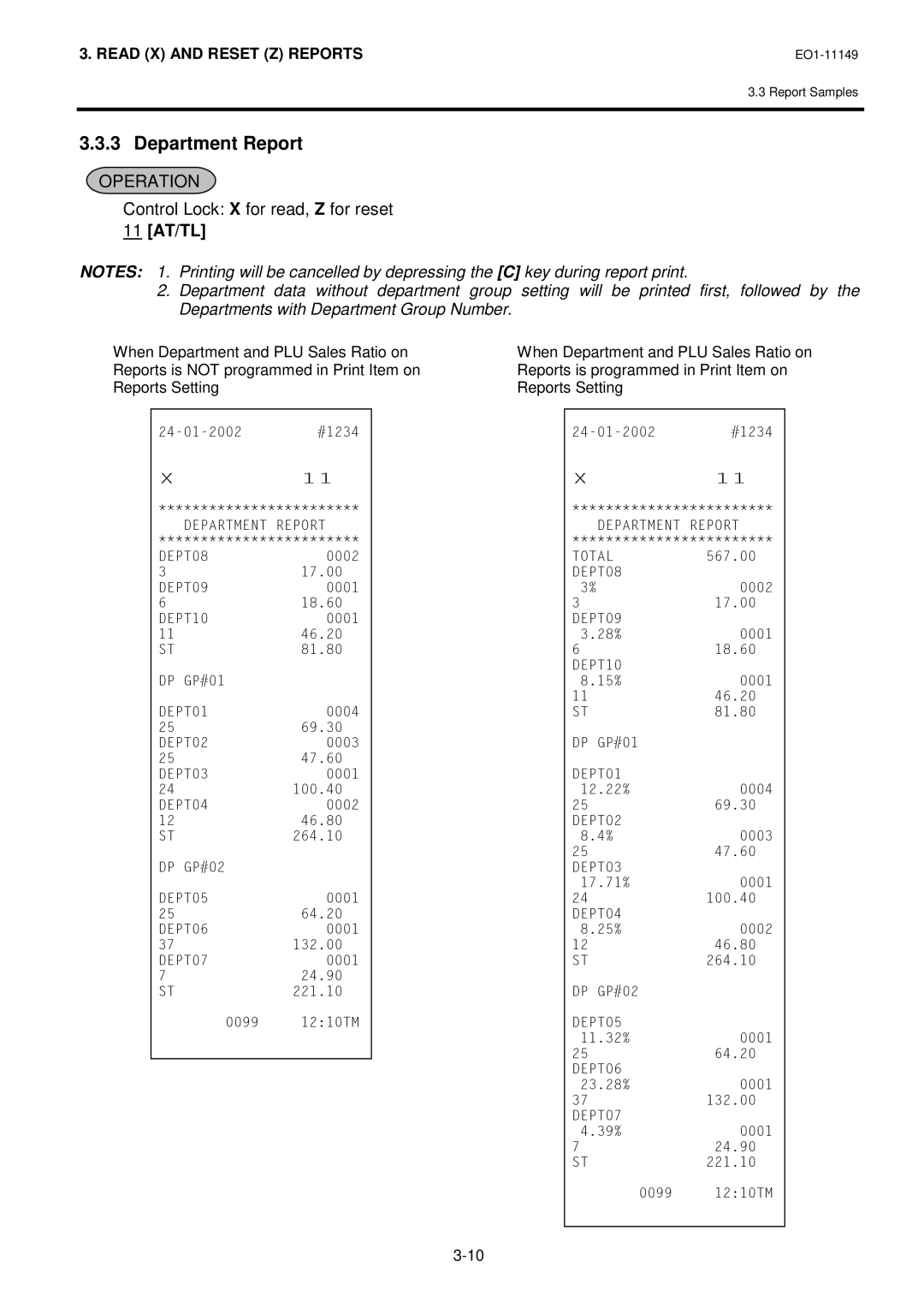 Toshiba MA-1535-2 owner manual Department Report, 11 AT/TL 