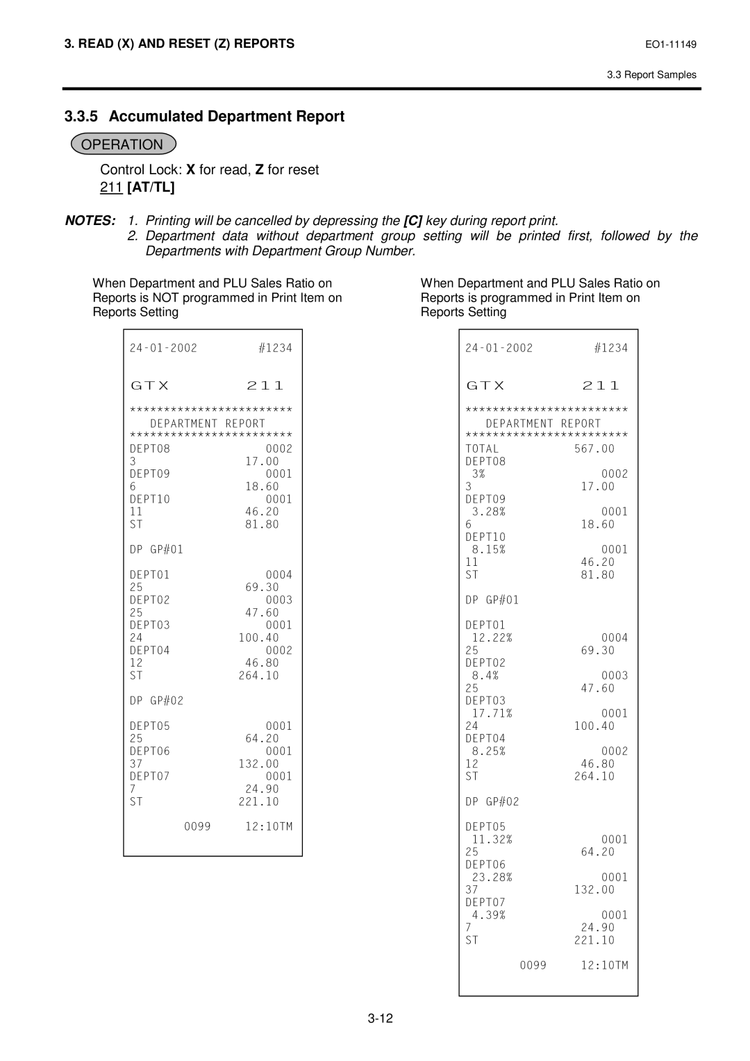 Toshiba MA-1535-2 owner manual Accumulated Department Report, 211 AT/TL 